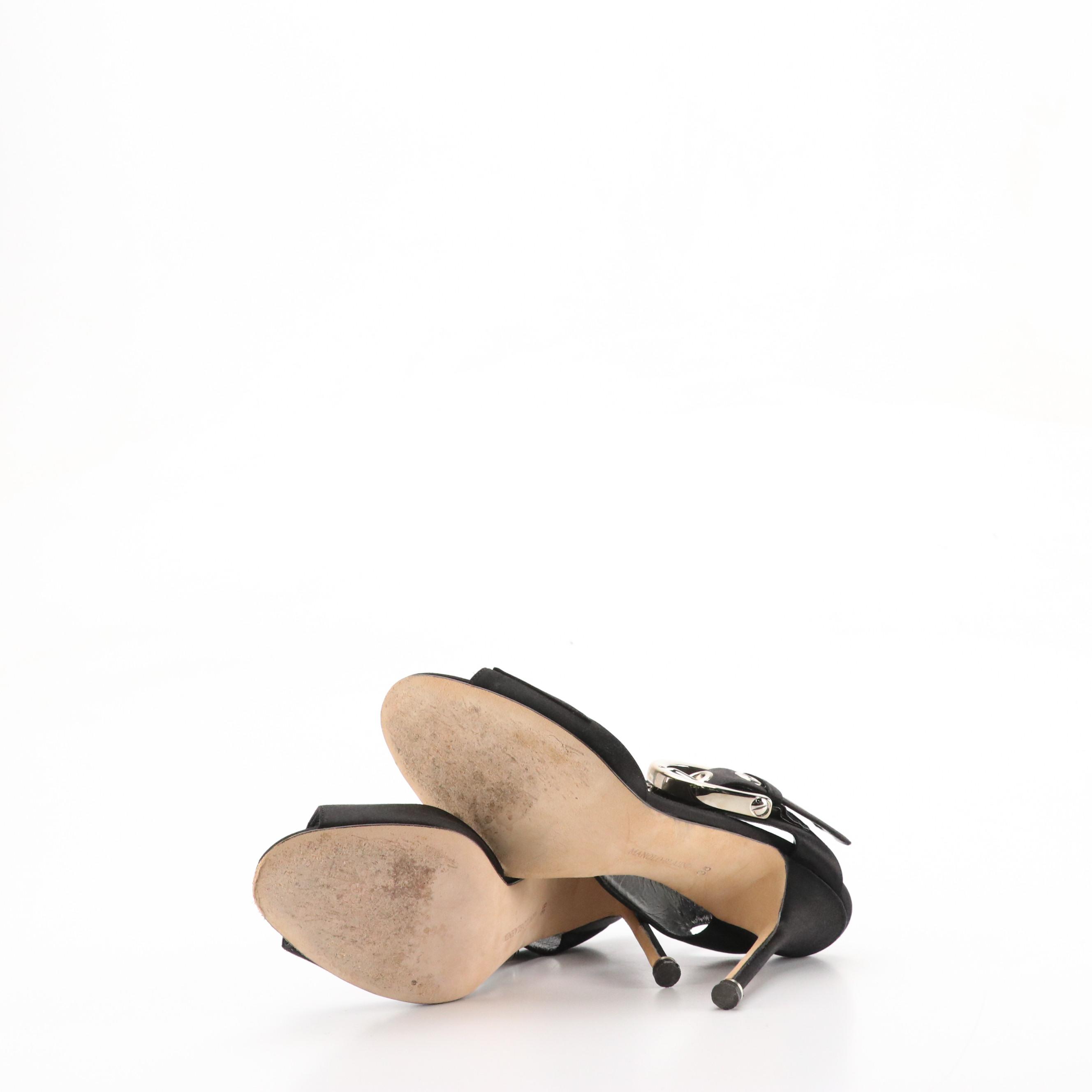 Manolo Blahnik Black Satin Buckled Ankle Strap Sandals