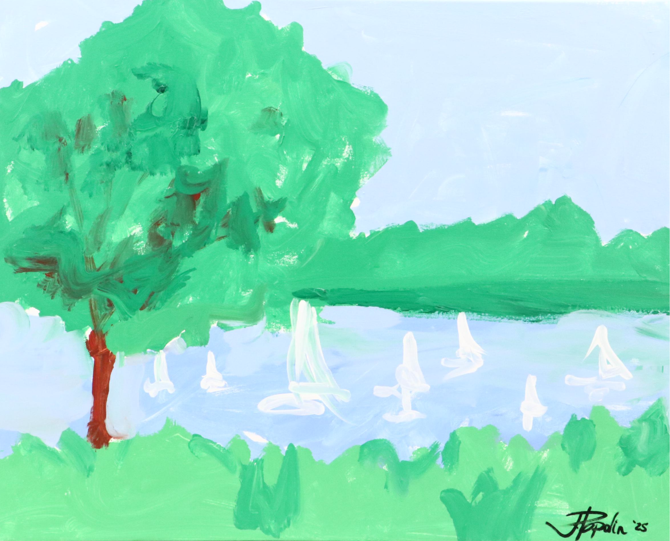 J. Popolin Stylized Coastal Landscape Acrylic Painting "Maine Daydream," 2025