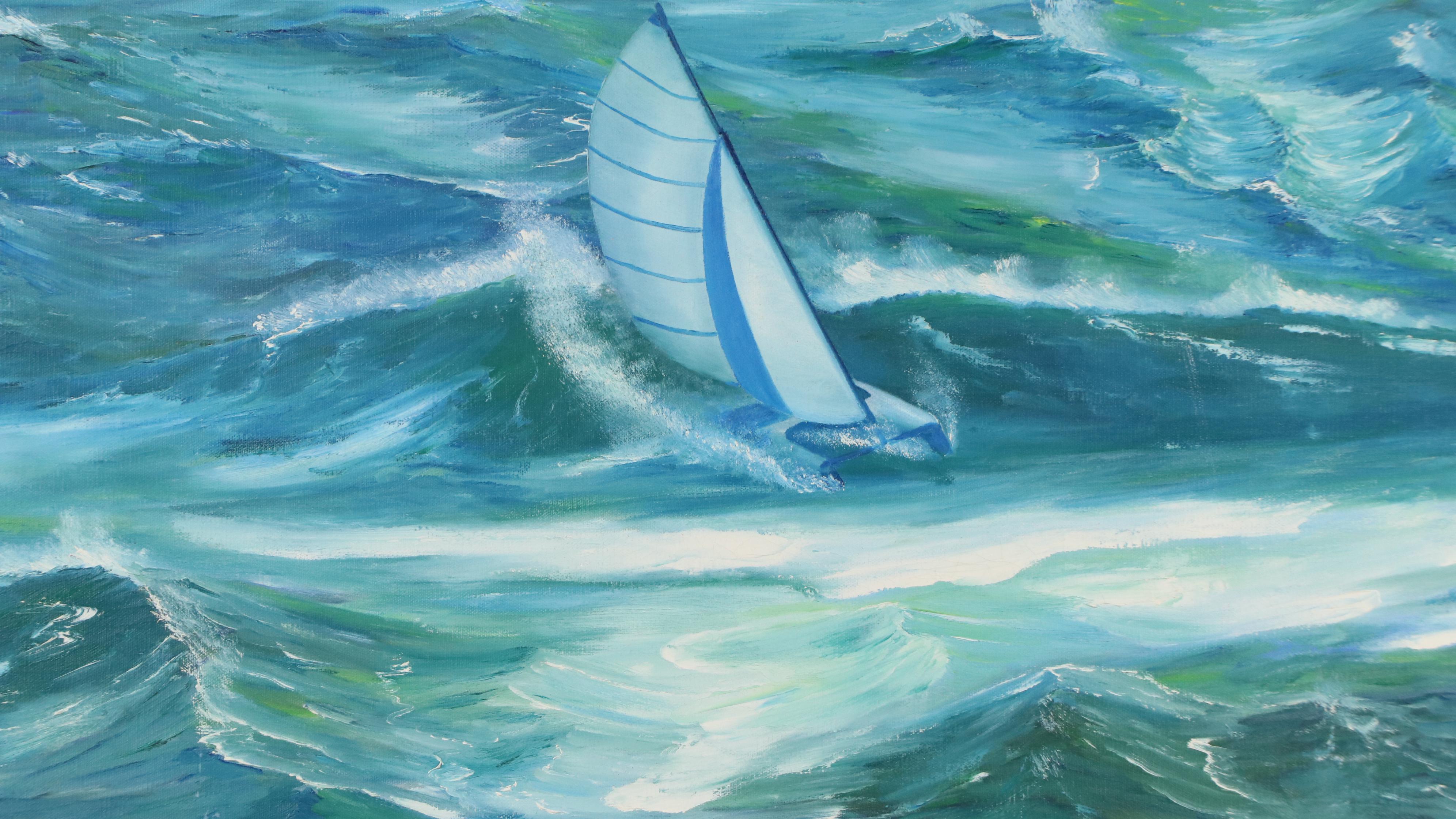 Wade Walsh Seascape Oil Painting with Sailing Raft