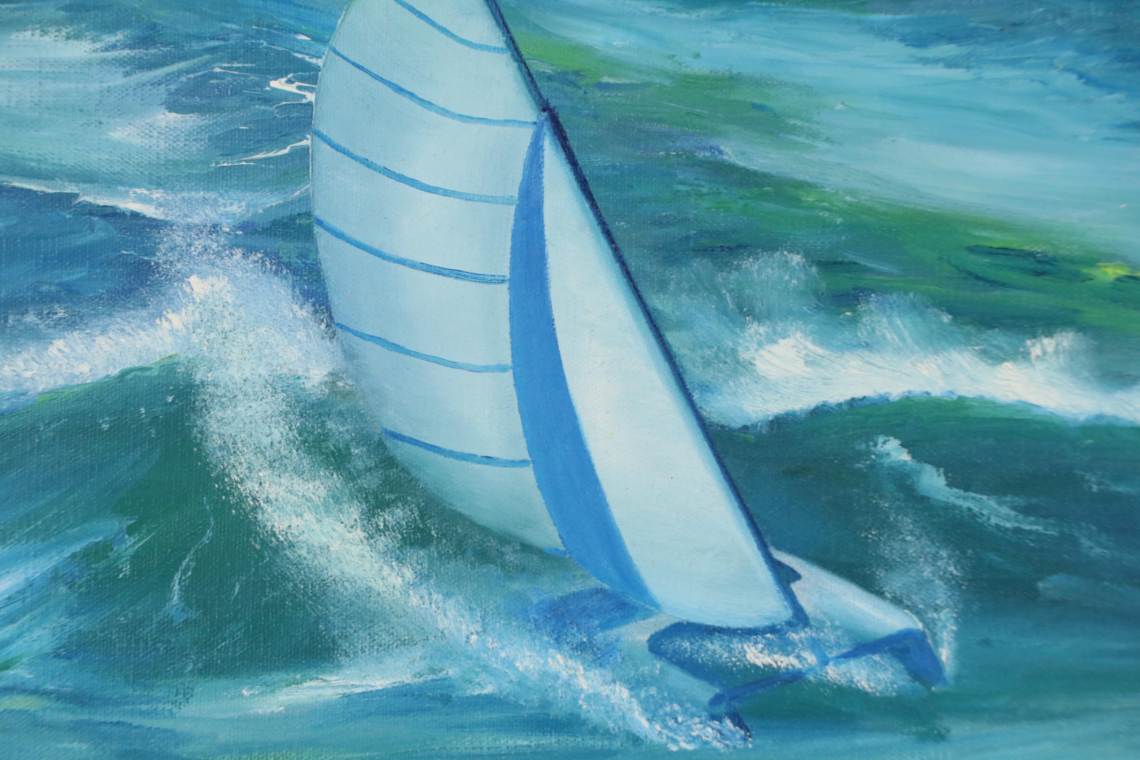 Wade Walsh Seascape Oil Painting with Sailing Raft