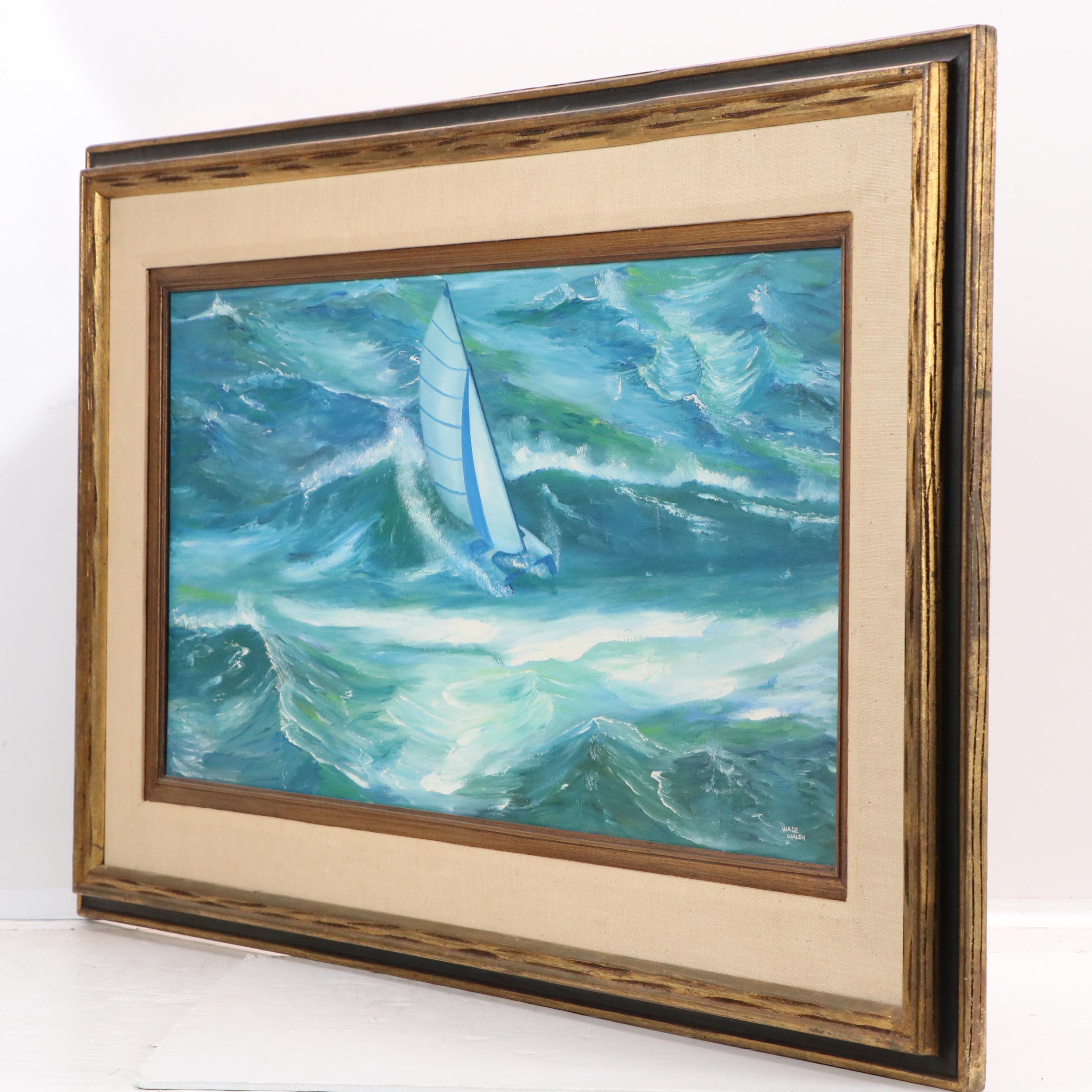 Wade Walsh Seascape Oil Painting with Sailing Raft