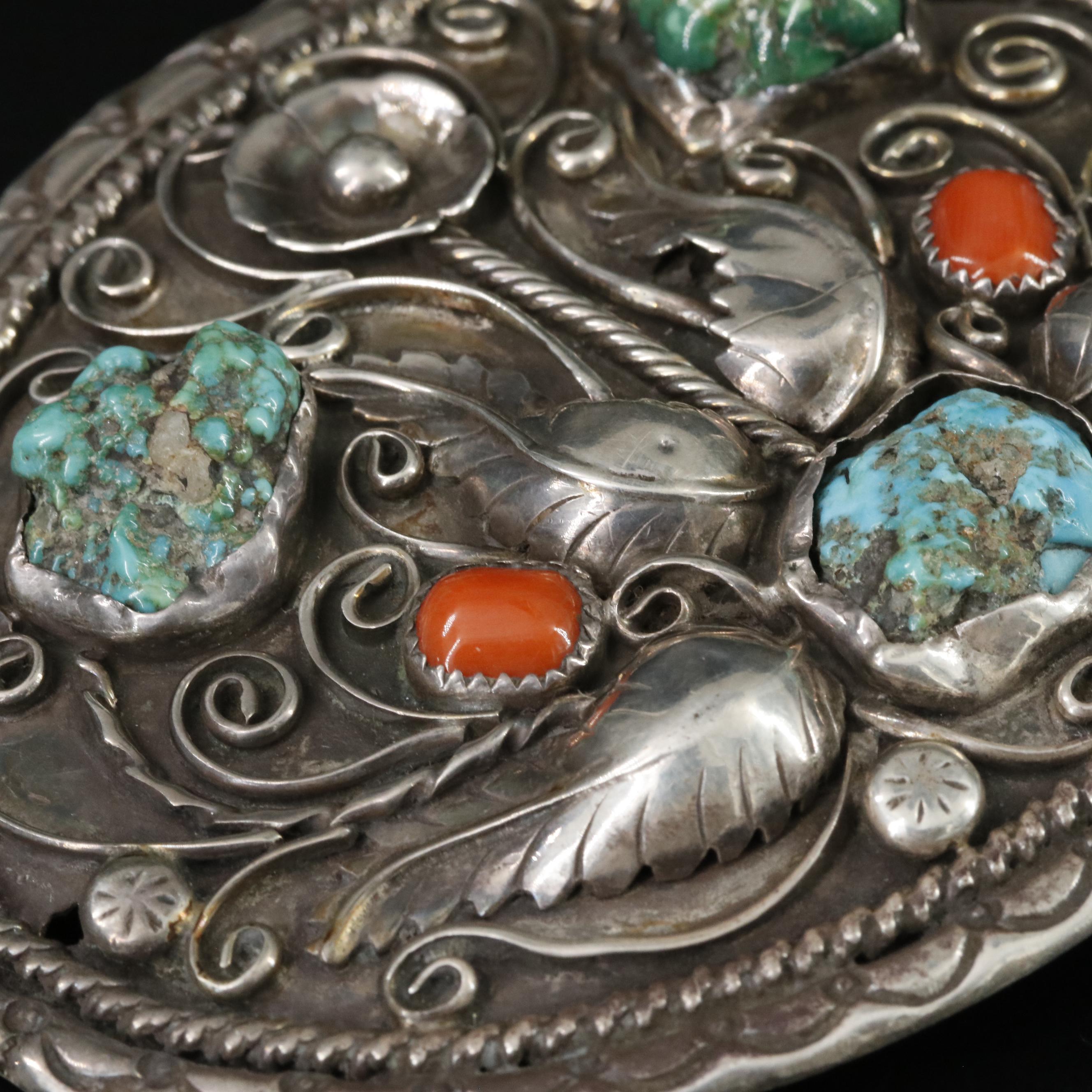 Southwestern Sterling Turquoise and Coral Appliqué Belt Buckle
