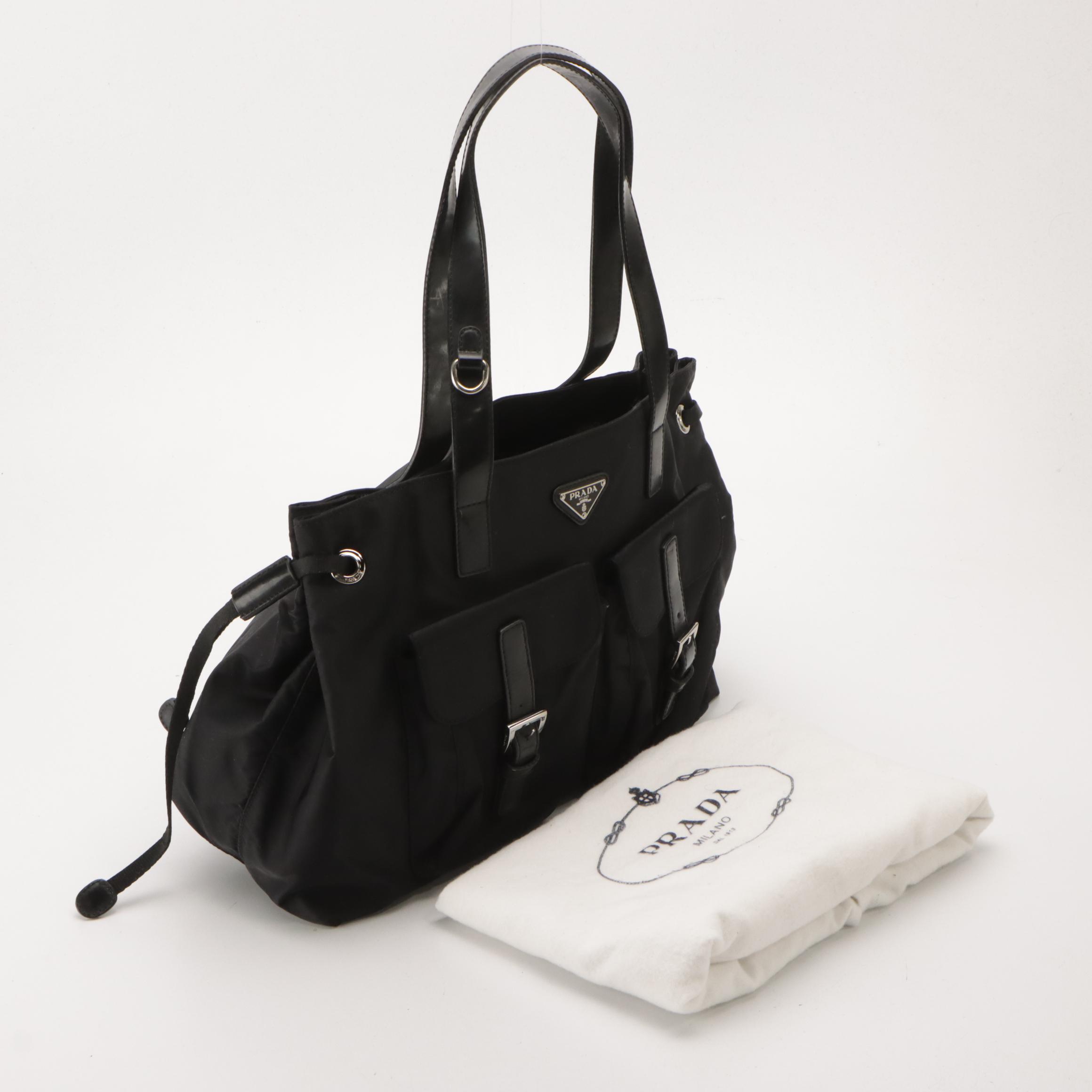 Prada Black Tessuto Nylon and Vitello Spazzolato Leather Shopping Tote
