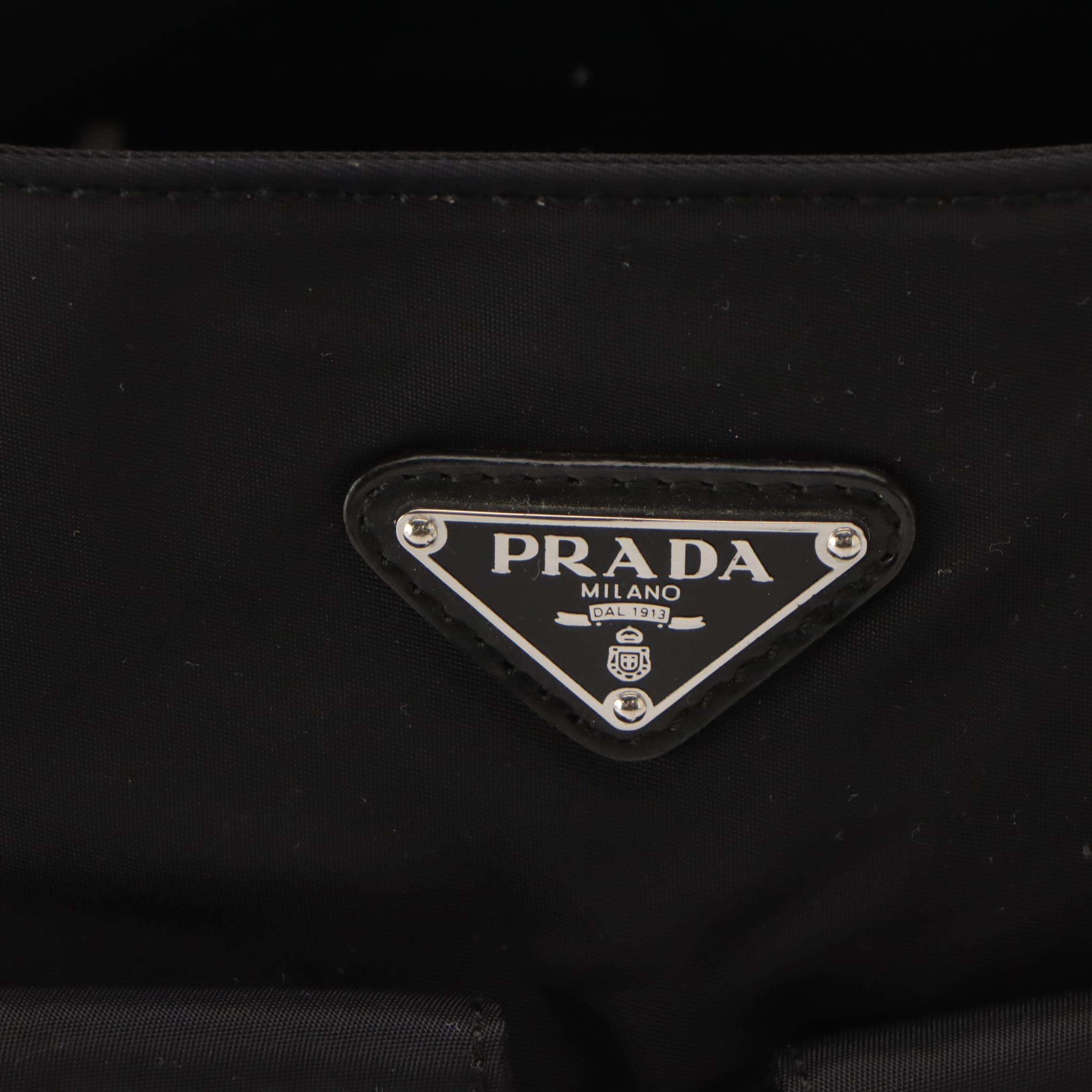 Prada Black Tessuto Nylon and Vitello Spazzolato Leather Shopping Tote