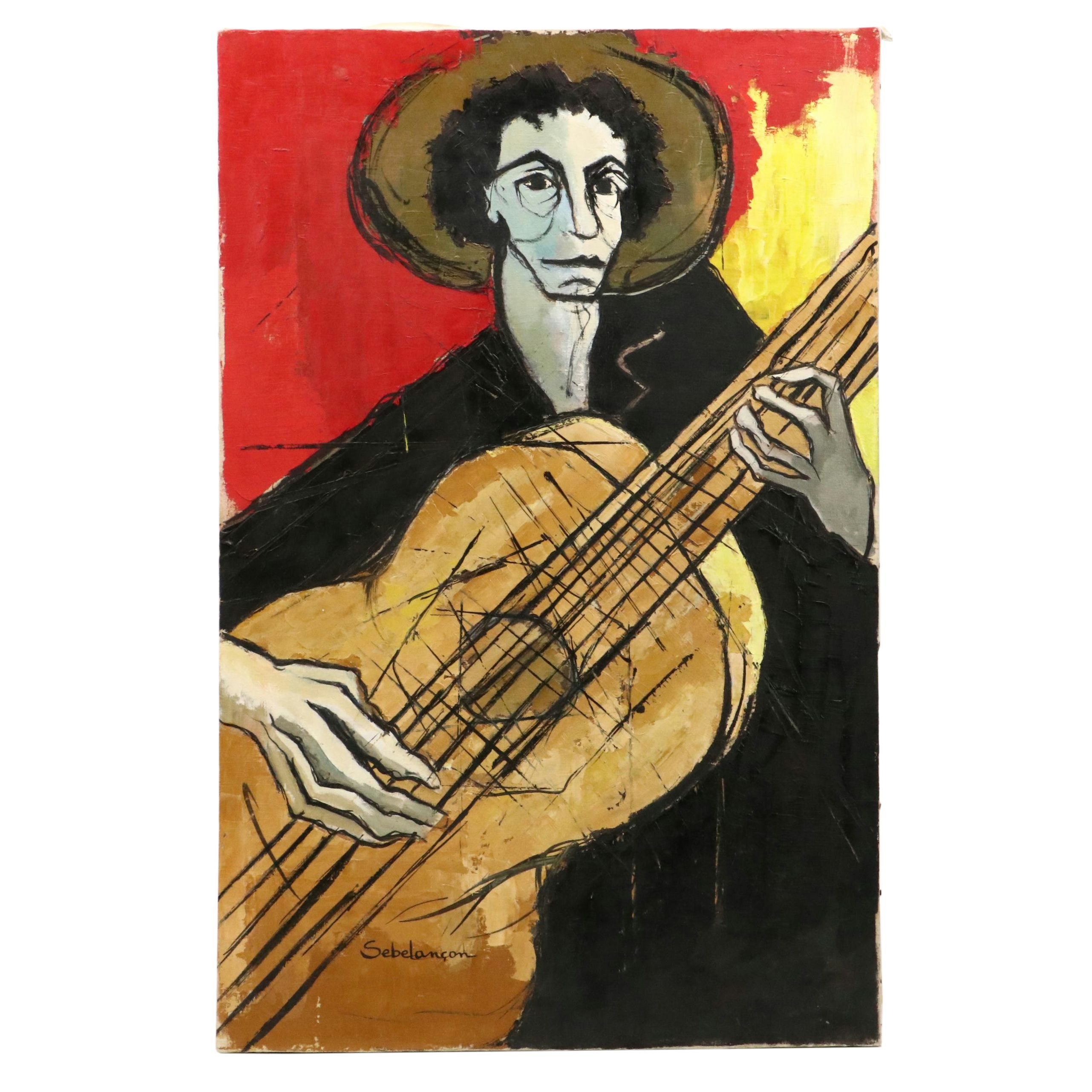 Sebelançon Stylized Oil Painting of Musican "Le Gitan," 21st Century