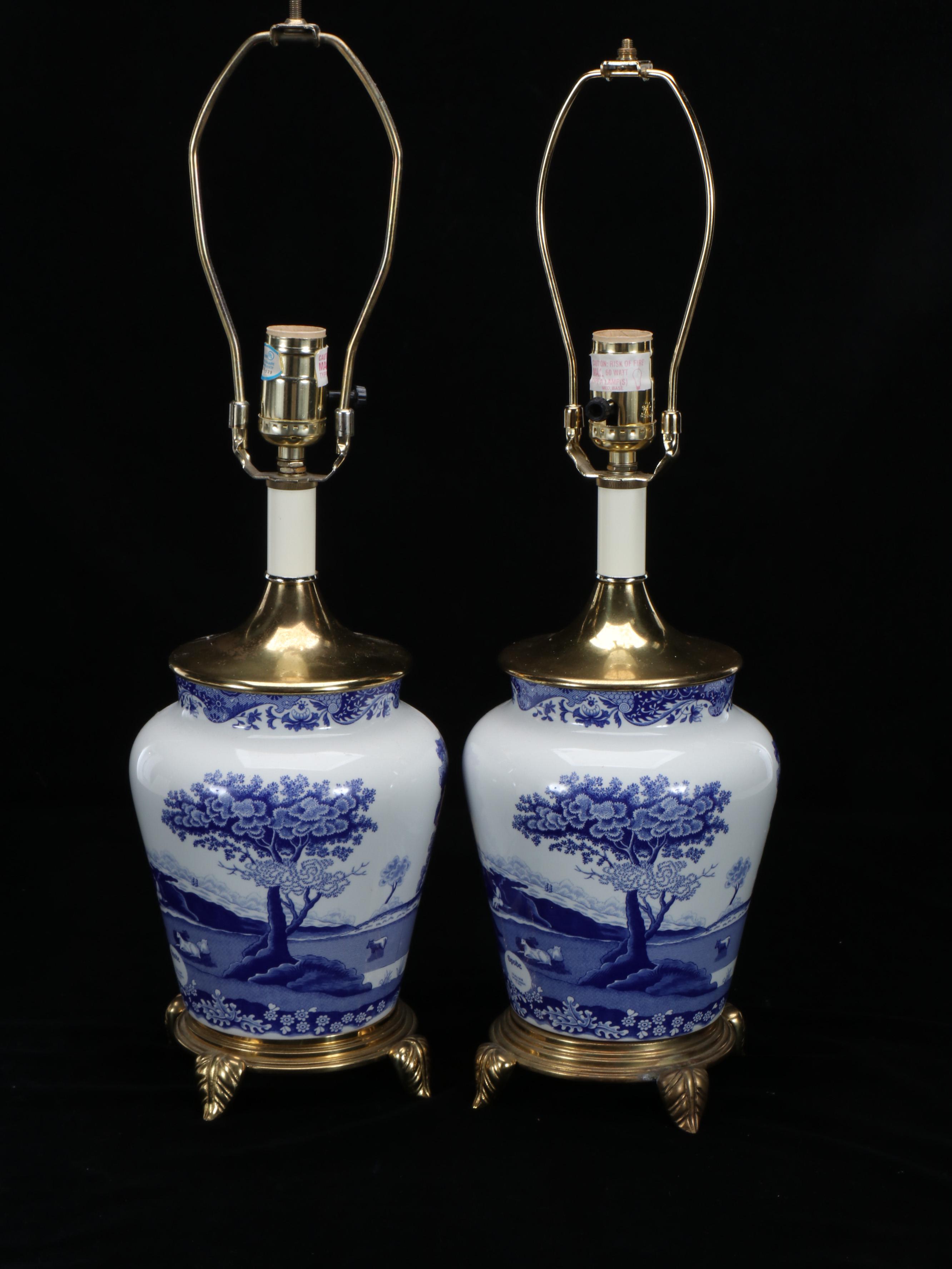 Spode "Italian" Ceramic and Brass Table Lamps with Fabric Shades