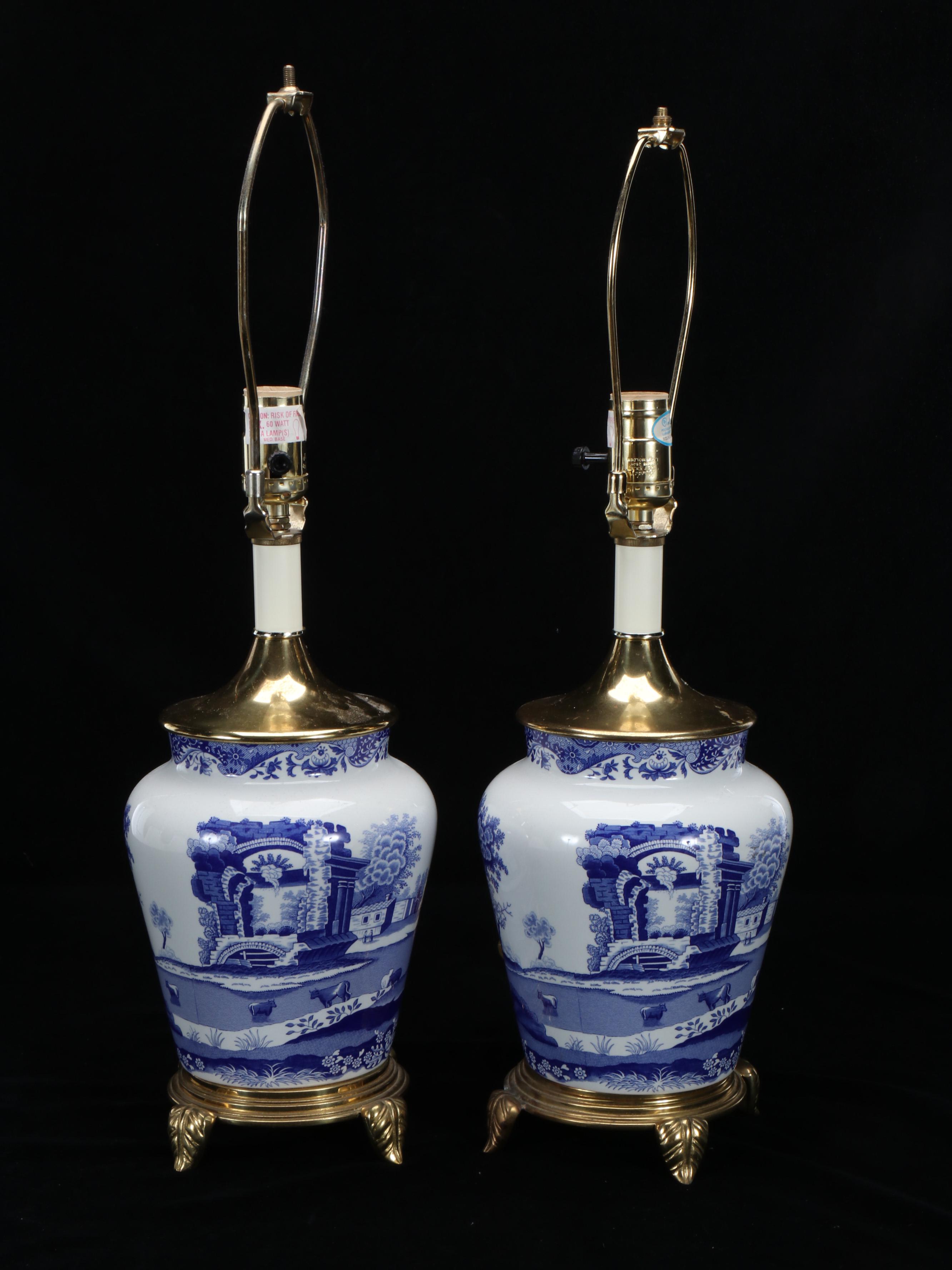 Spode "Italian" Ceramic and Brass Table Lamps with Fabric Shades