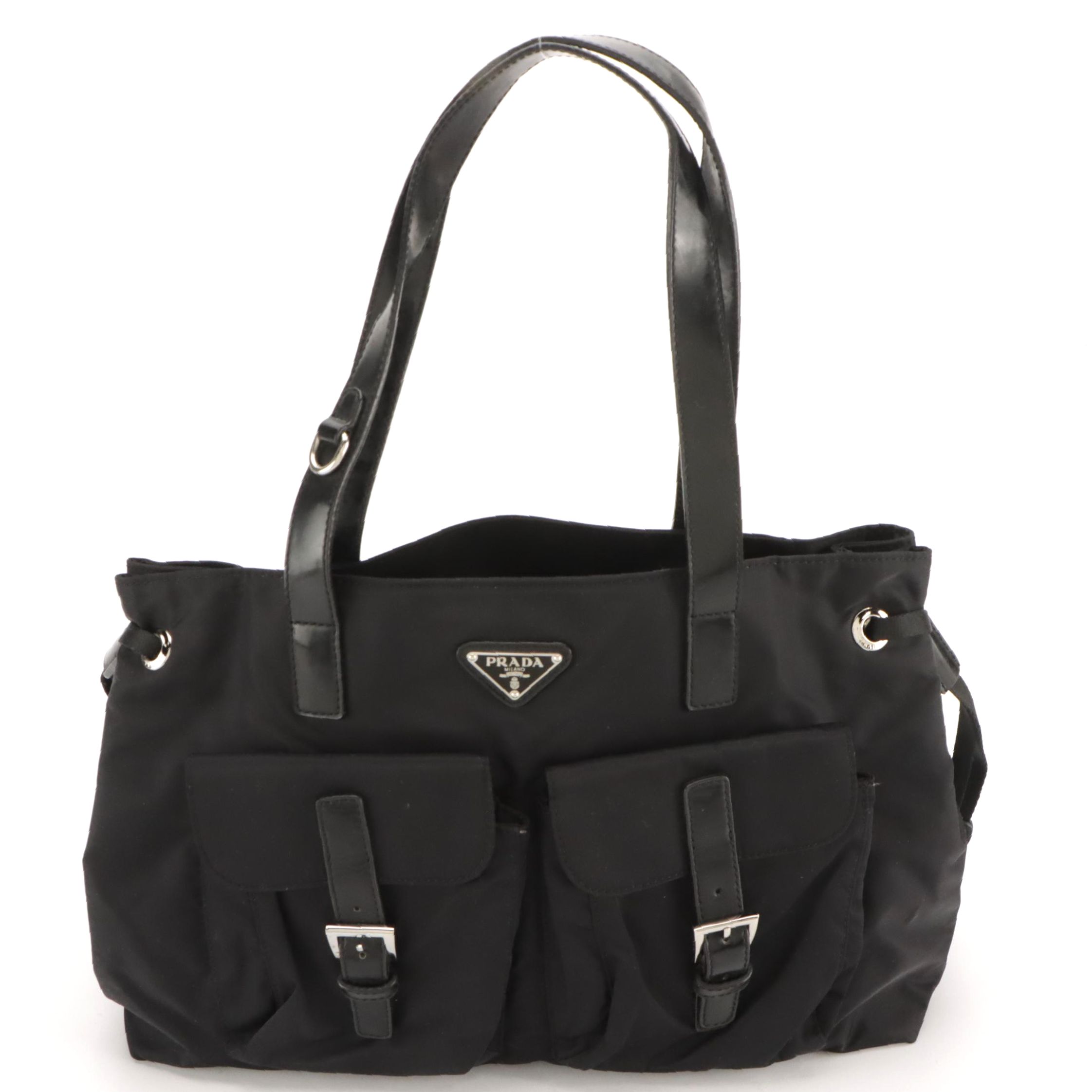 Prada Black Tessuto Nylon and Vitello Spazzolato Leather Shopping Tote