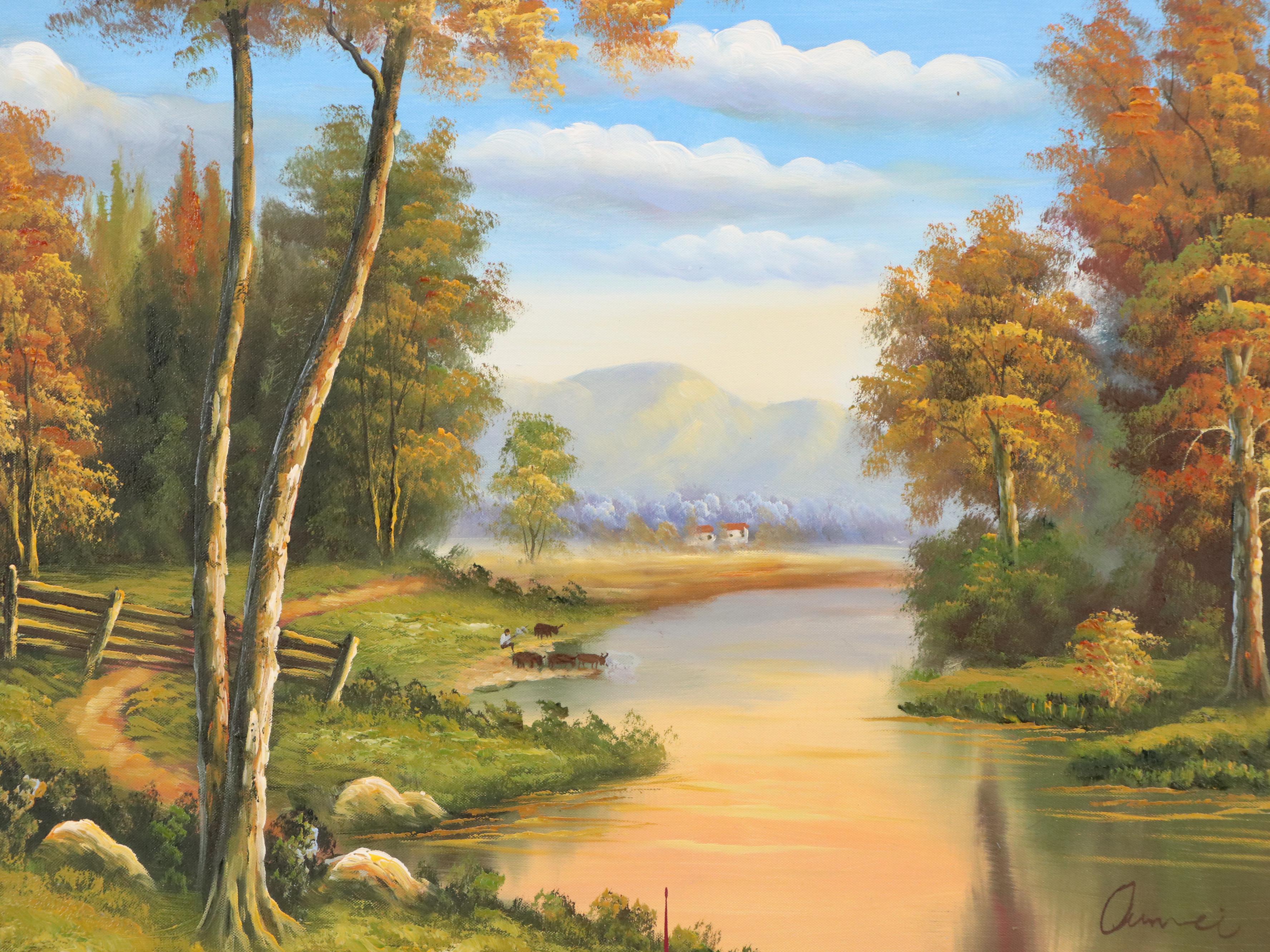 Landscape Oil Painting of Autumn River Scene