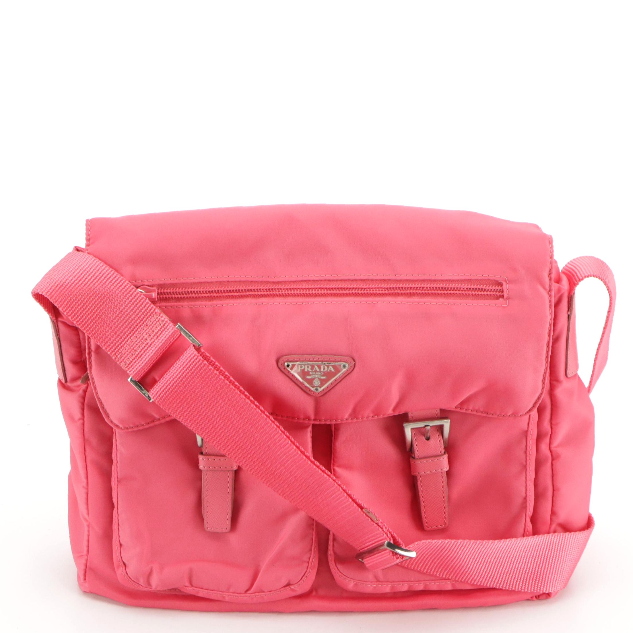 Prada Peony Tessuto Nylon Vela Sport Messenger Bag with Saffiano Leather Trim