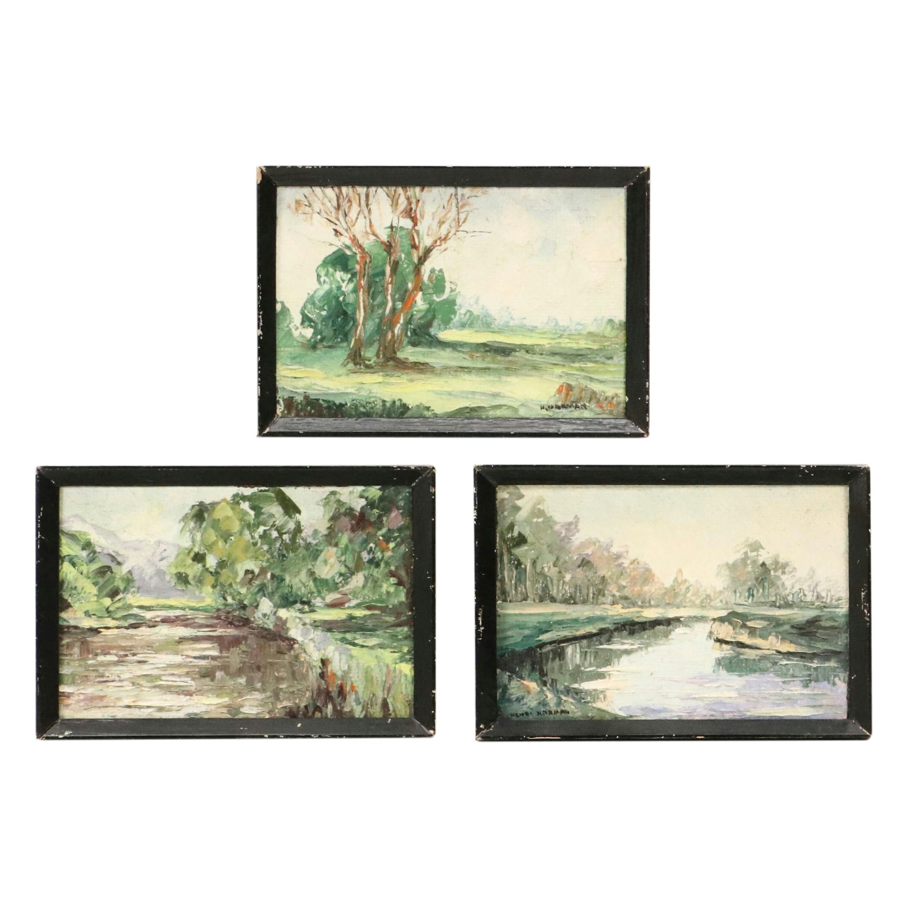 Henri Norman Landscape Impasto Paintings, Mid to Late 20th C.