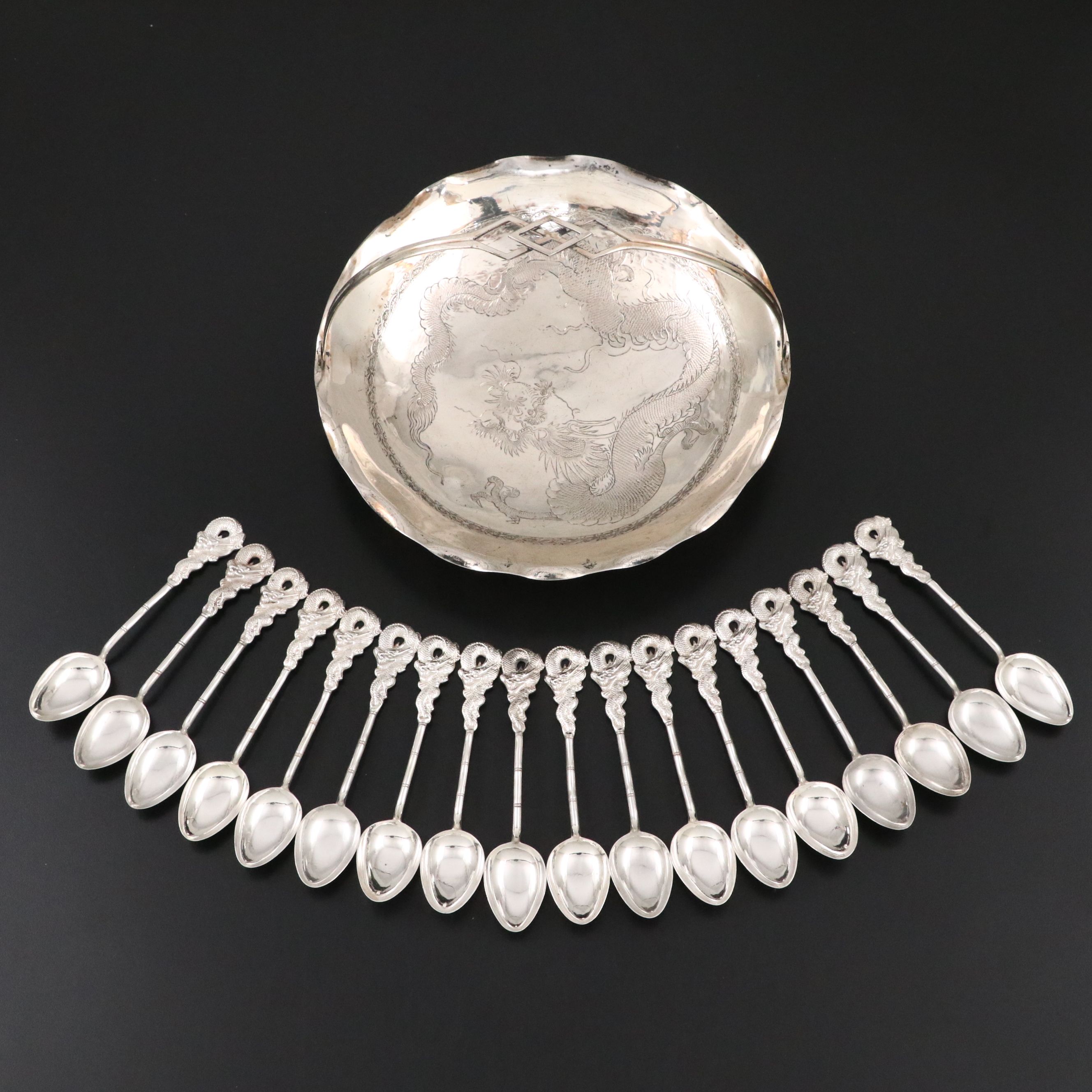 Hong Kong Dragon Etched Sterling Silver Handled Platter and Dragon Handle Spoons