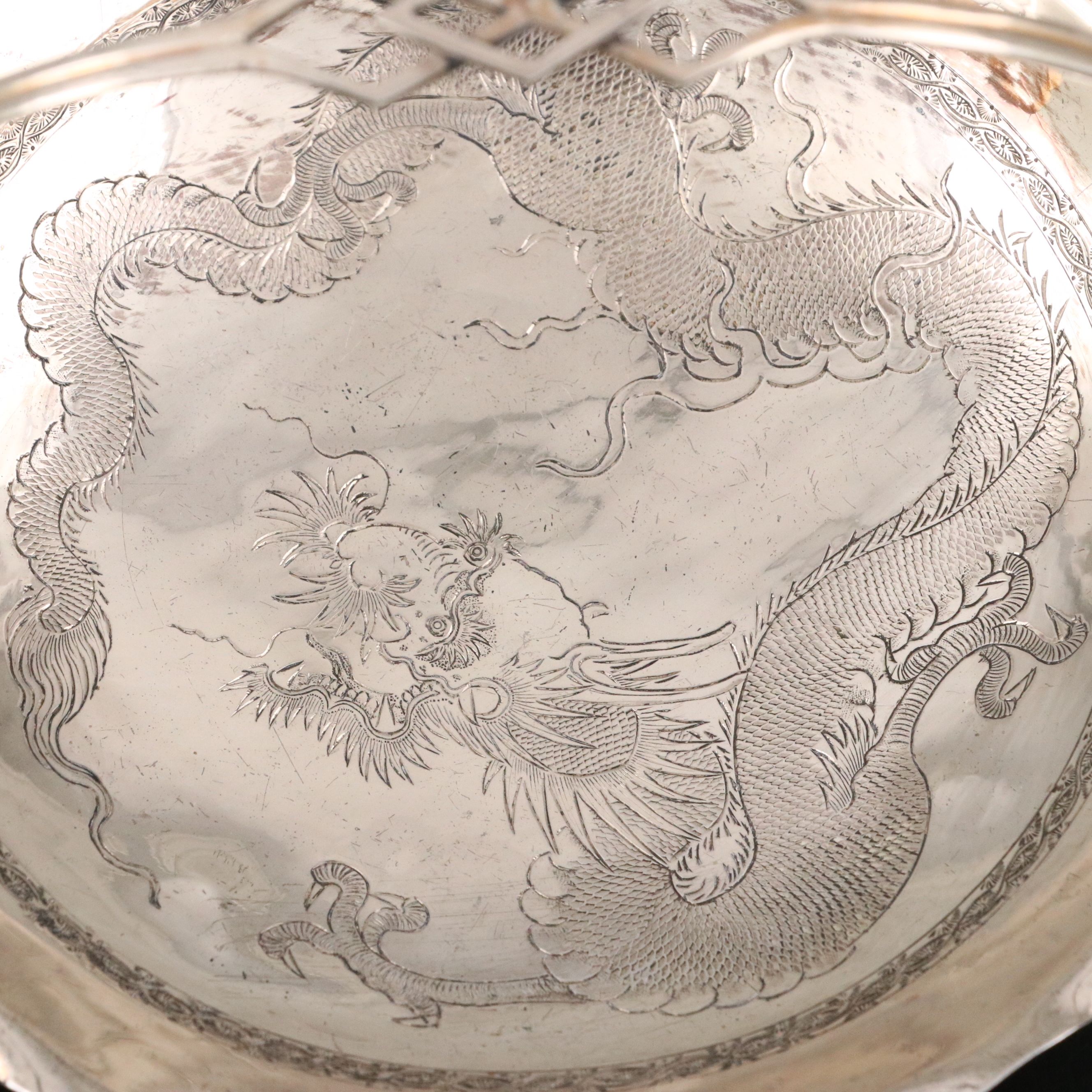 Hong Kong Dragon Etched Sterling Silver Handled Platter and Dragon Handle Spoons