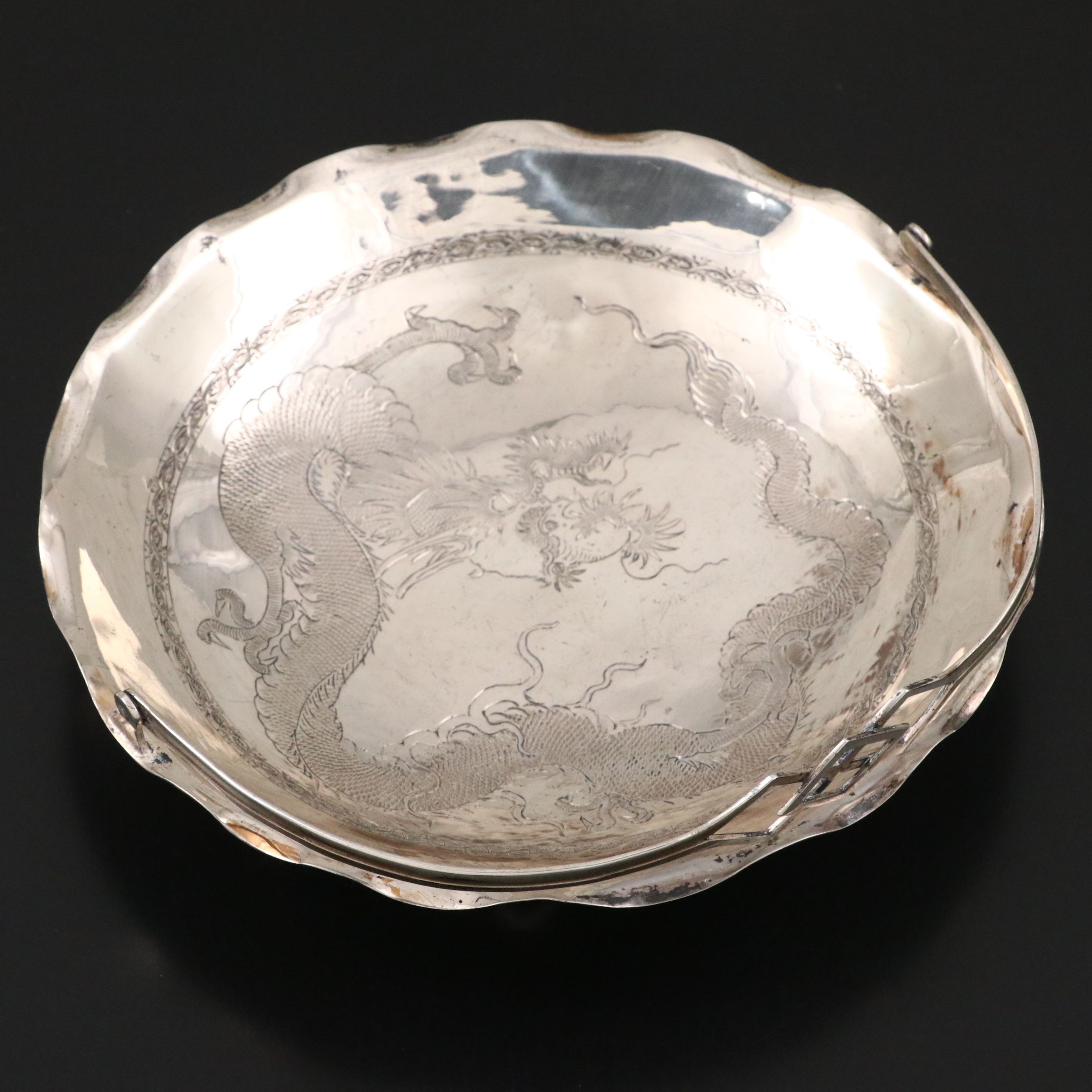 Hong Kong Dragon Etched Sterling Silver Handled Platter and Dragon Handle Spoons