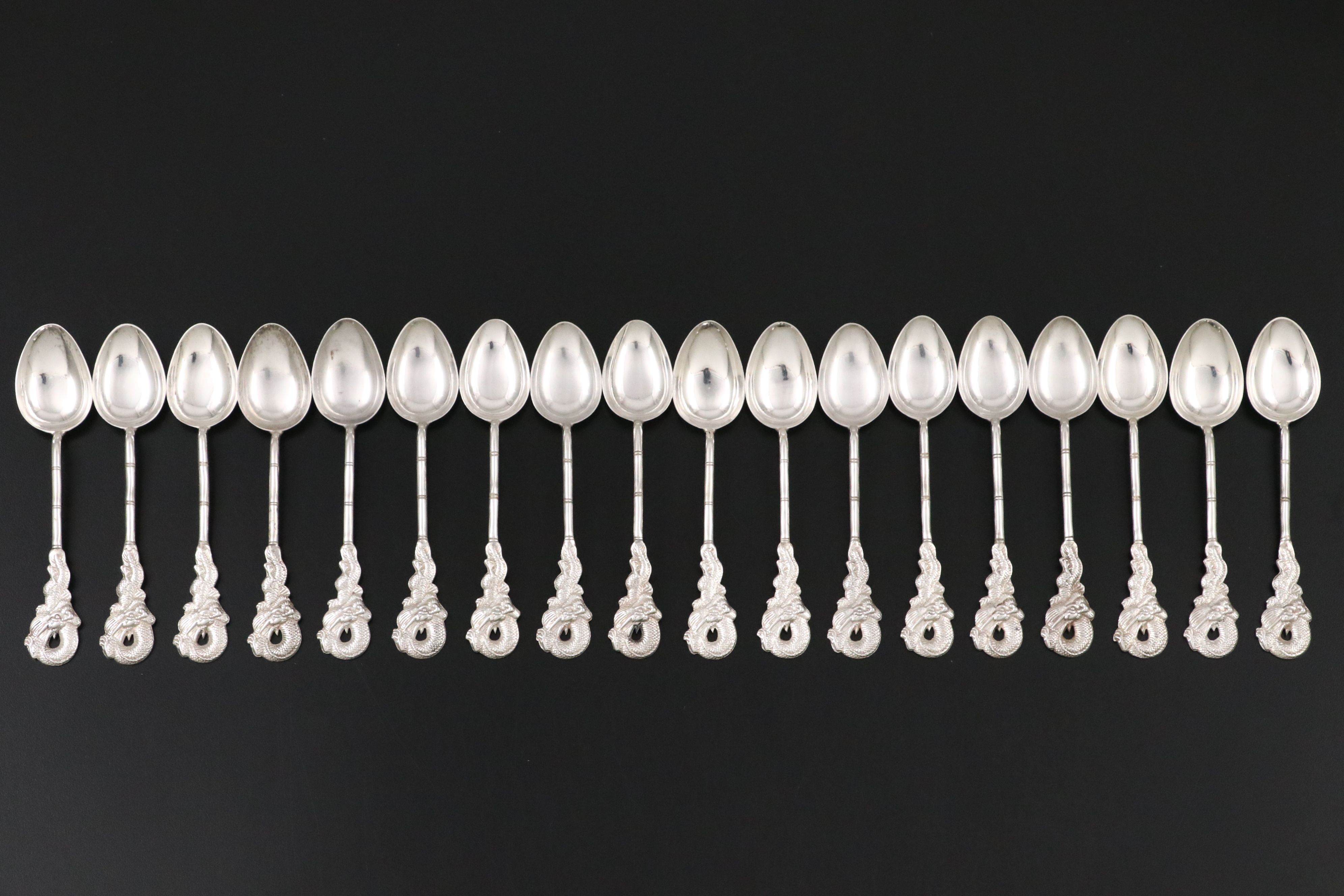 Hong Kong Dragon Etched Sterling Silver Handled Platter and Dragon Handle Spoons