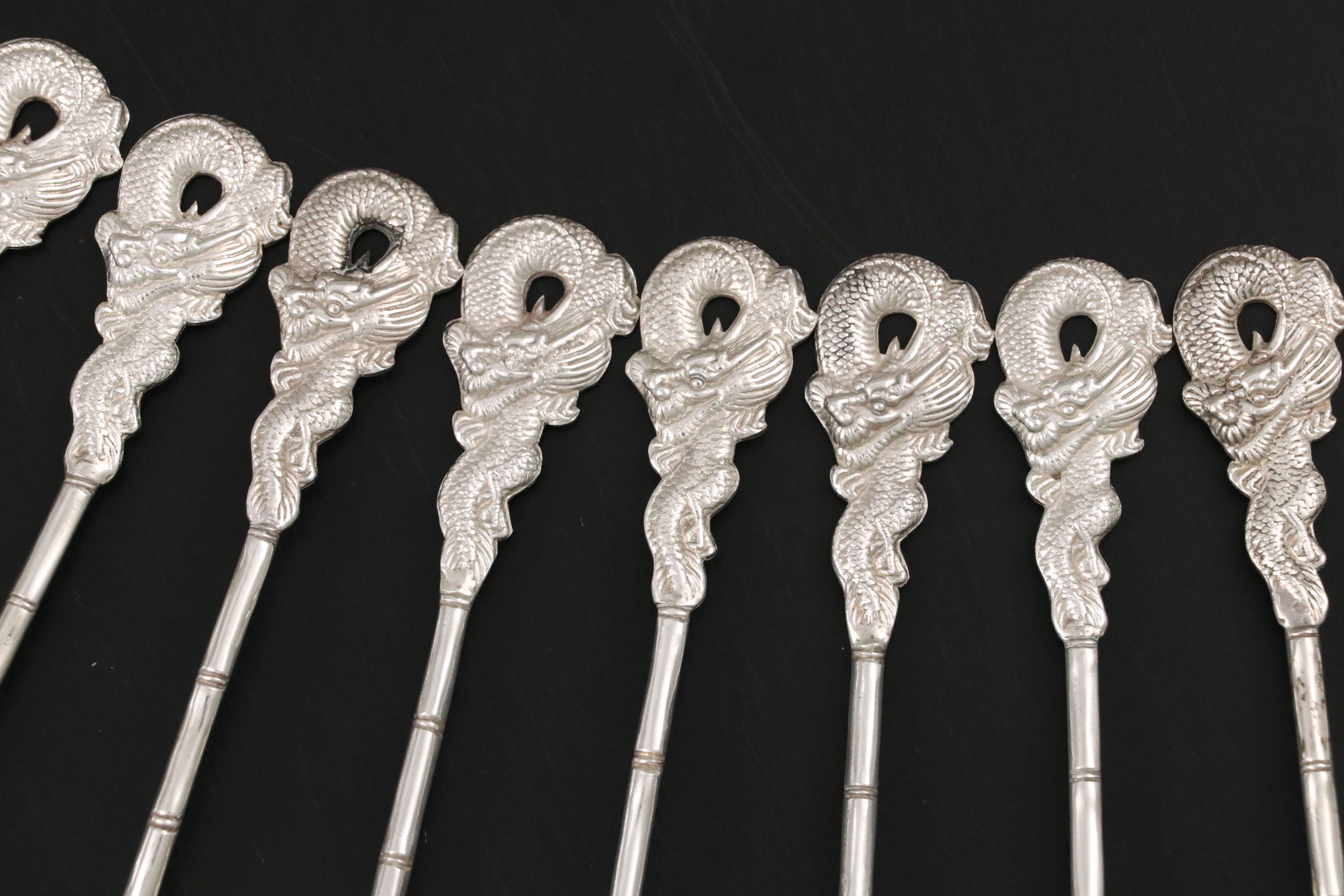 Hong Kong Dragon Etched Sterling Silver Handled Platter and Dragon Handle Spoons