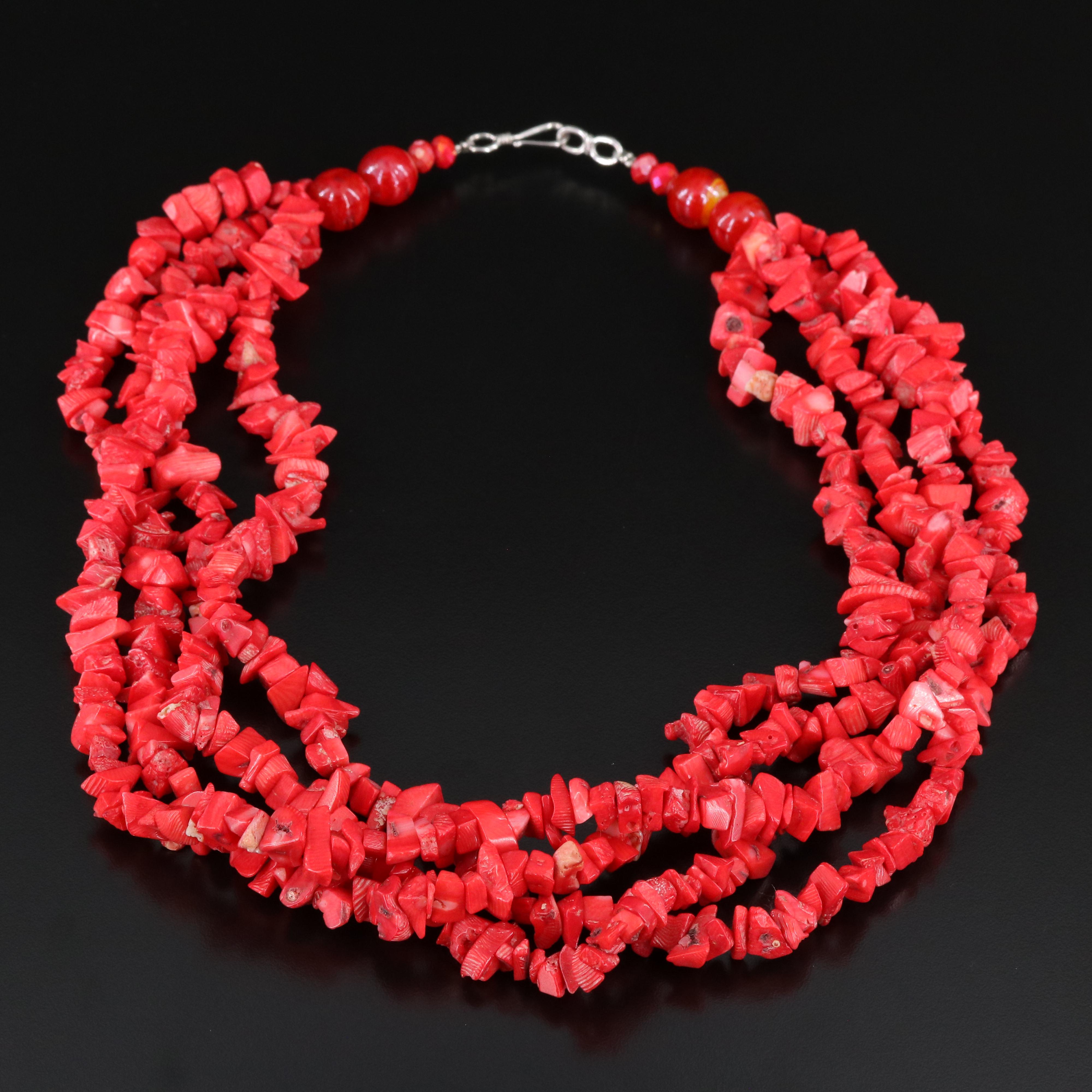 Coral and Glass Torsade Necklace