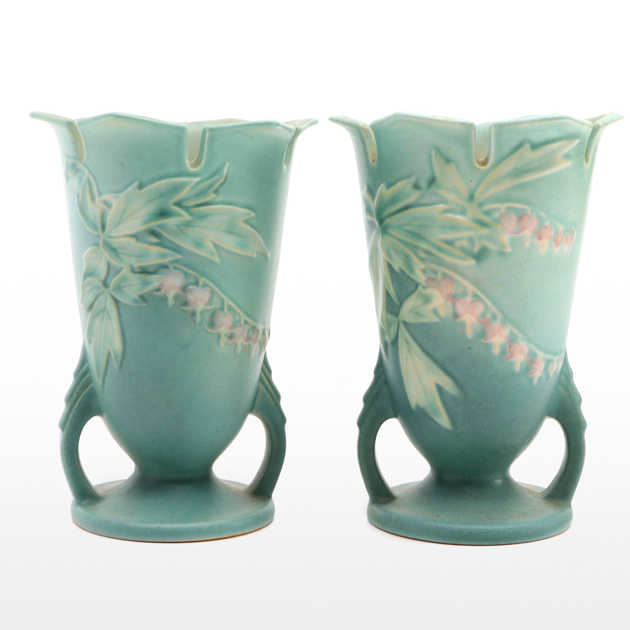 Roseville "Bleeding Heart Green" Art Pottery Vase Pair, Mid-20th Century