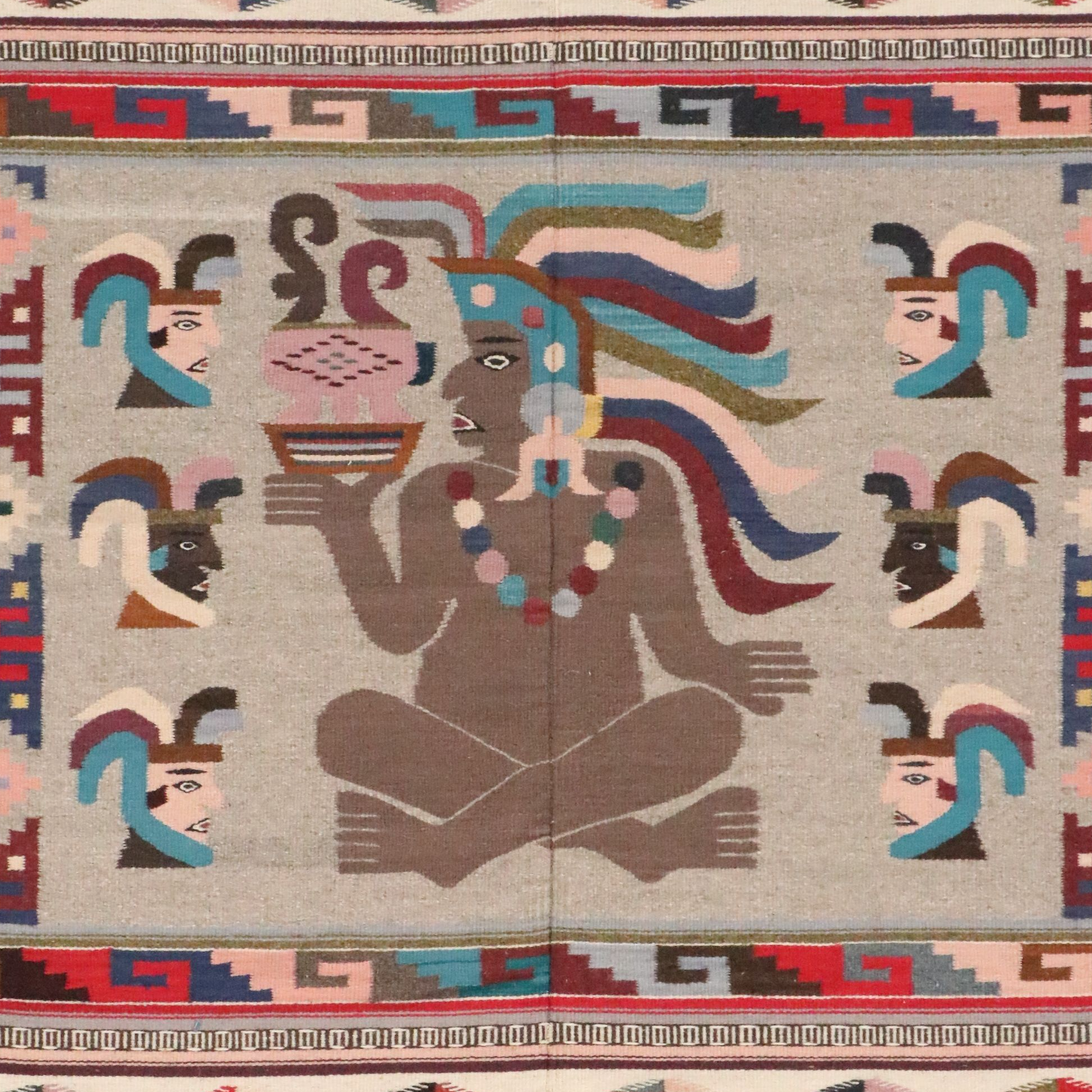 4'9 x 7'3 Handwoven Mesoamerican Style Pictorial Area Rug