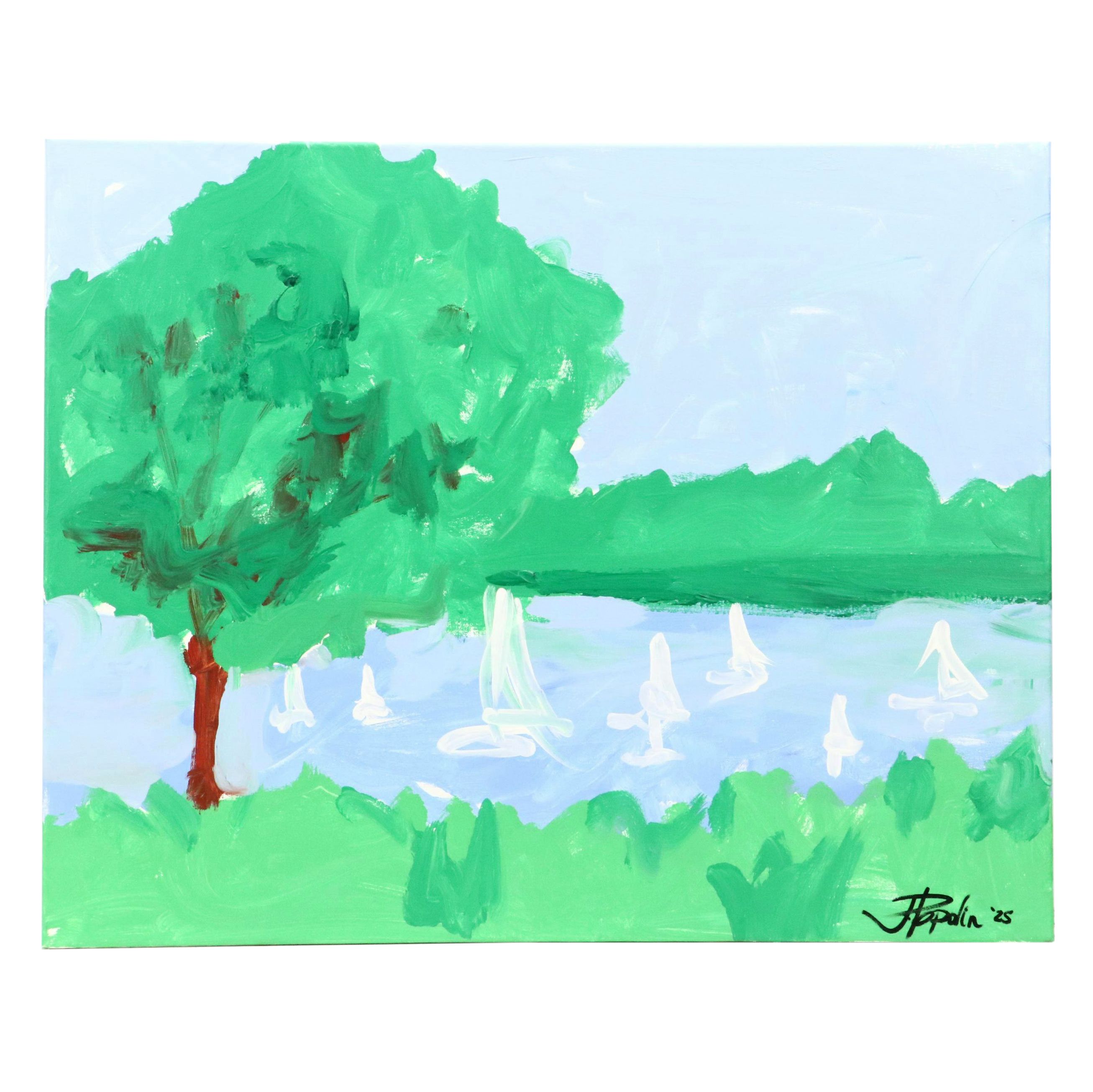 J. Popolin Stylized Coastal Landscape Acrylic Painting "Maine Daydream," 2025