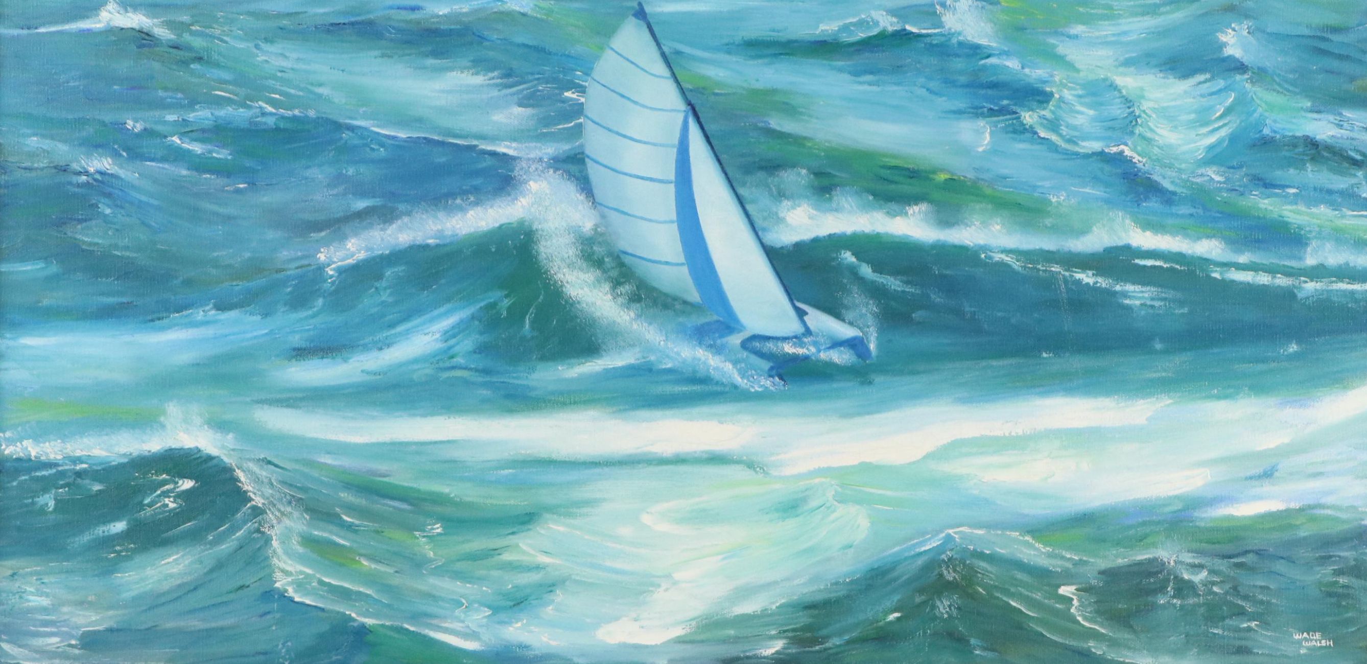 Wade Walsh Seascape Oil Painting with Sailing Raft