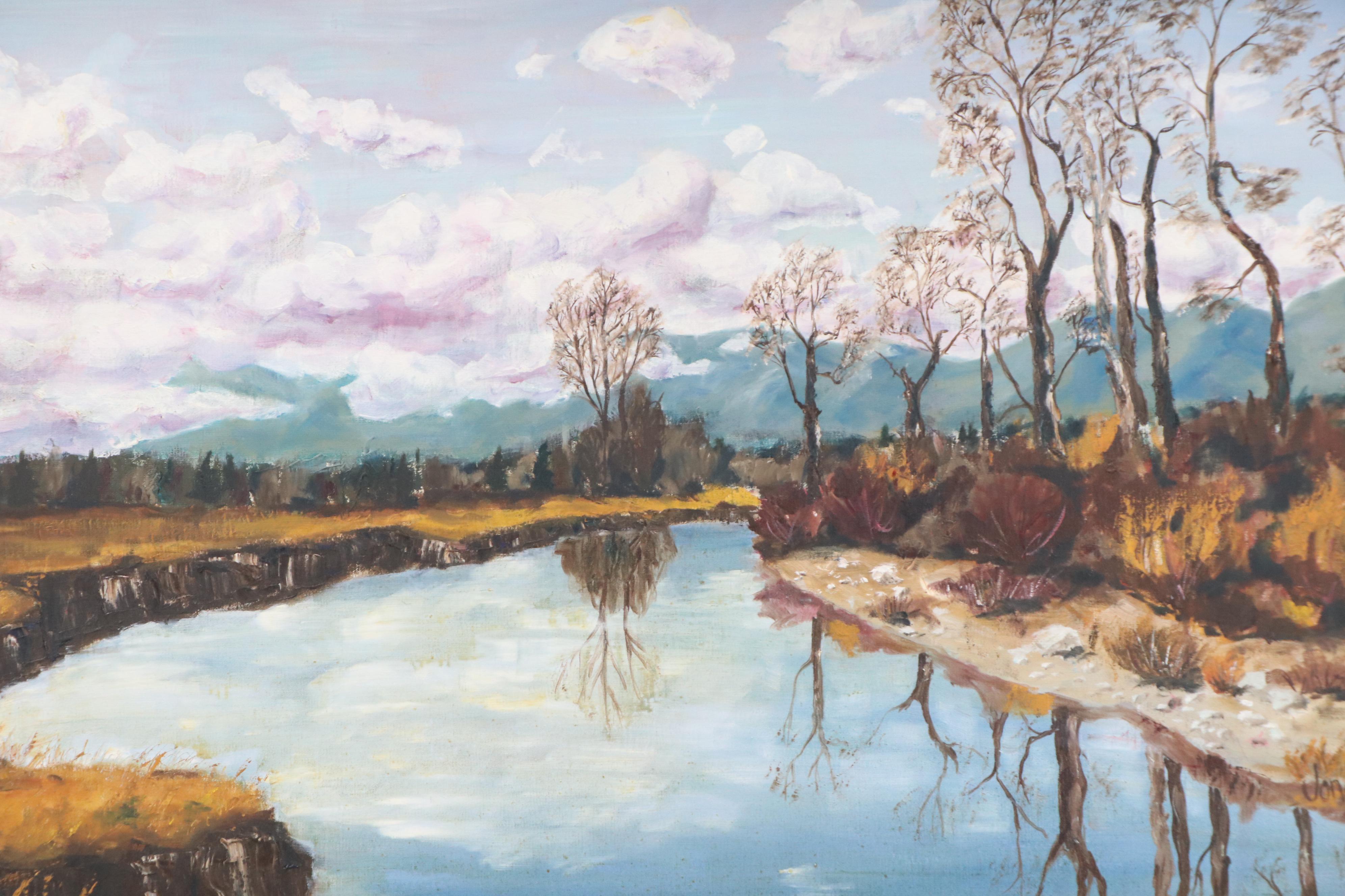 Jonas Landscape Oil Painting of River Reflecting Winter Trees
