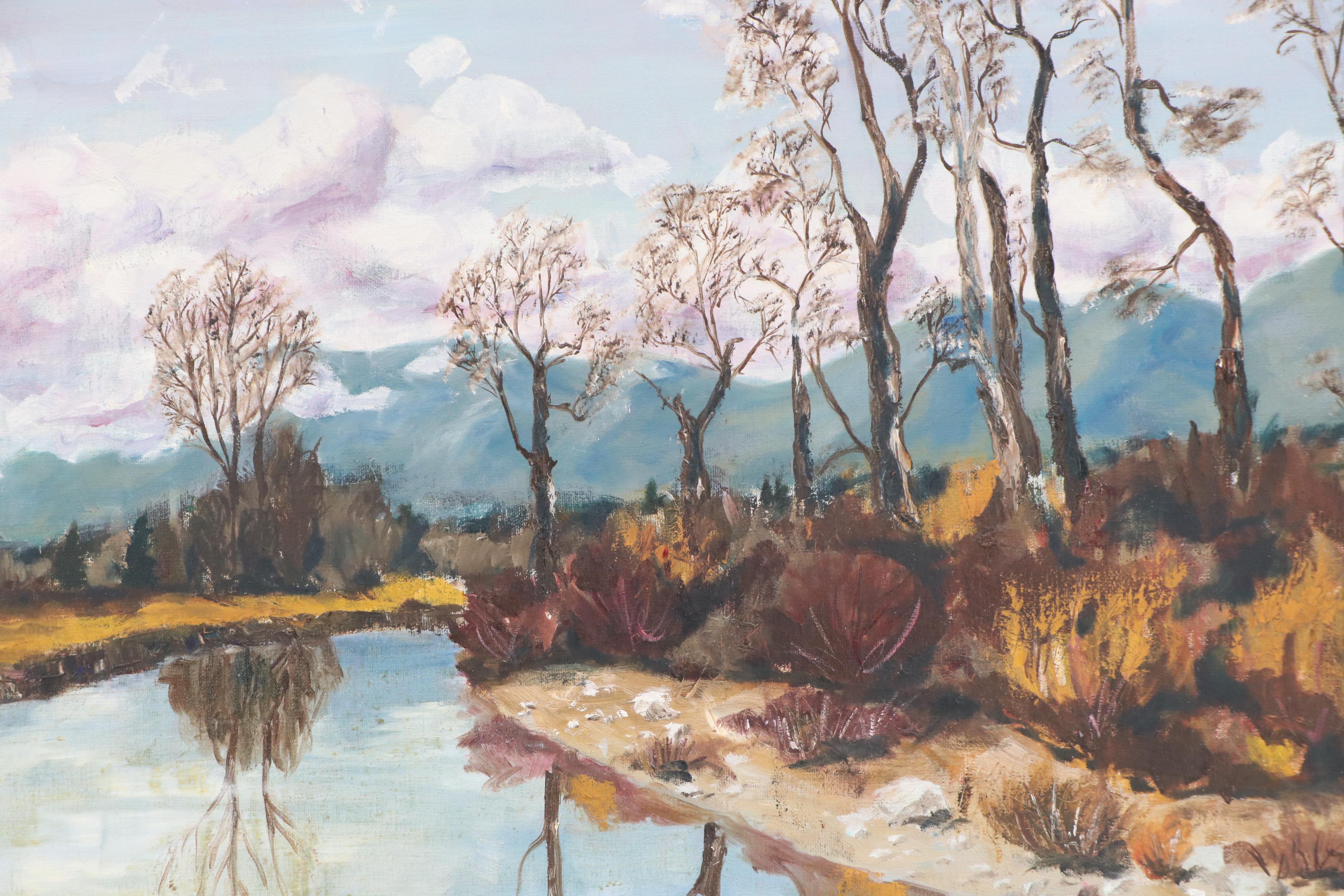 Jonas Landscape Oil Painting of River Reflecting Winter Trees