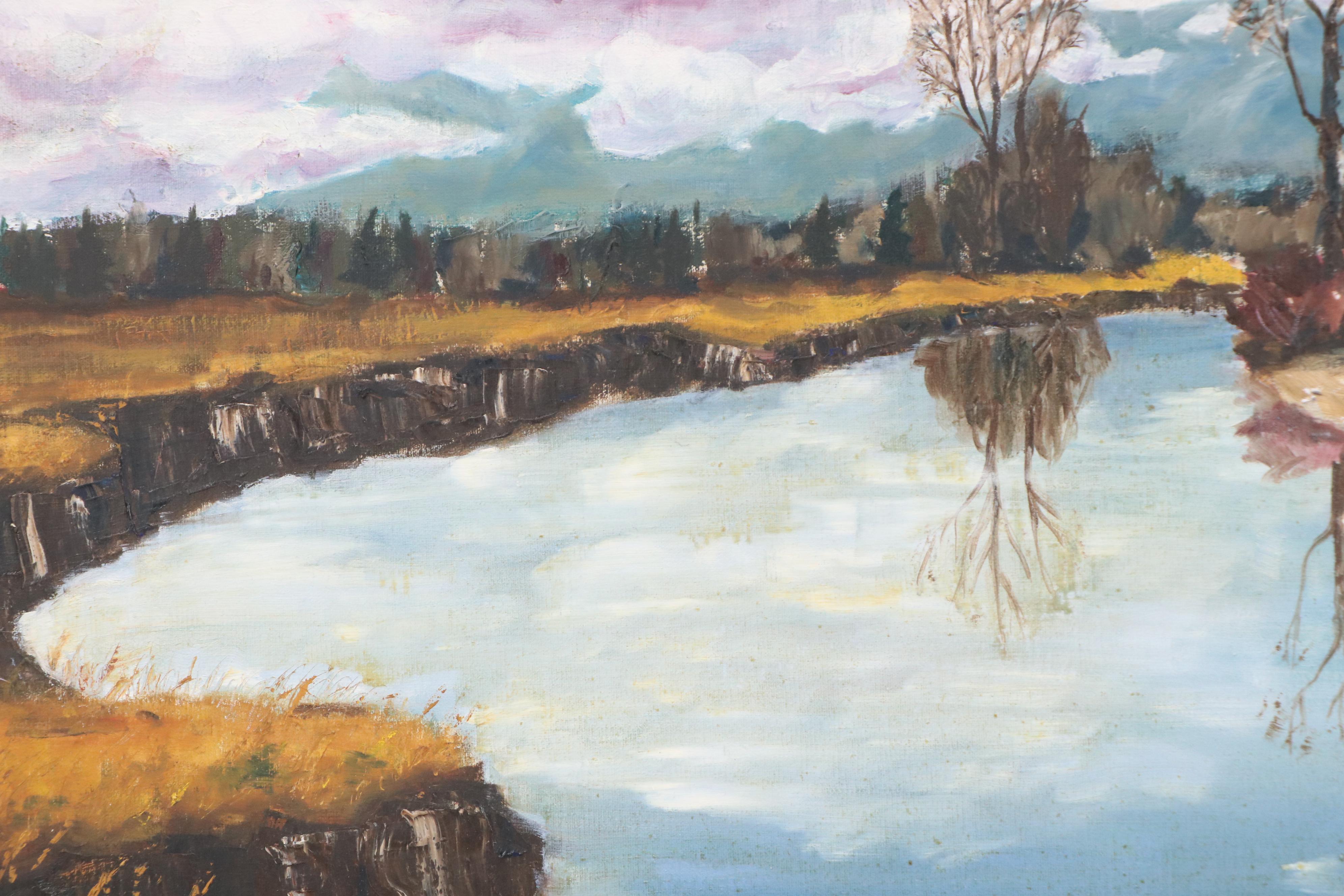 Jonas Landscape Oil Painting of River Reflecting Winter Trees