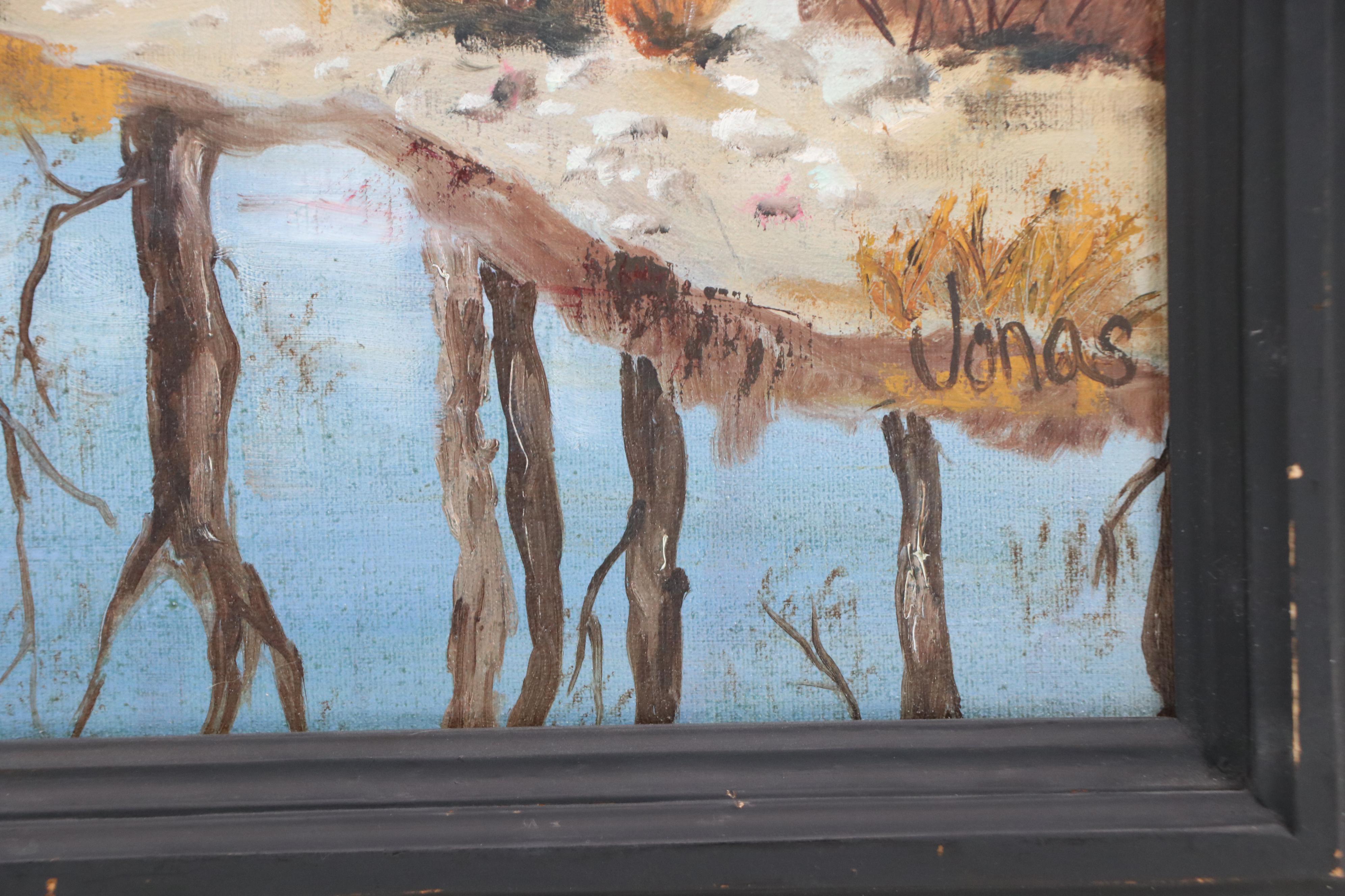 Jonas Landscape Oil Painting of River Reflecting Winter Trees