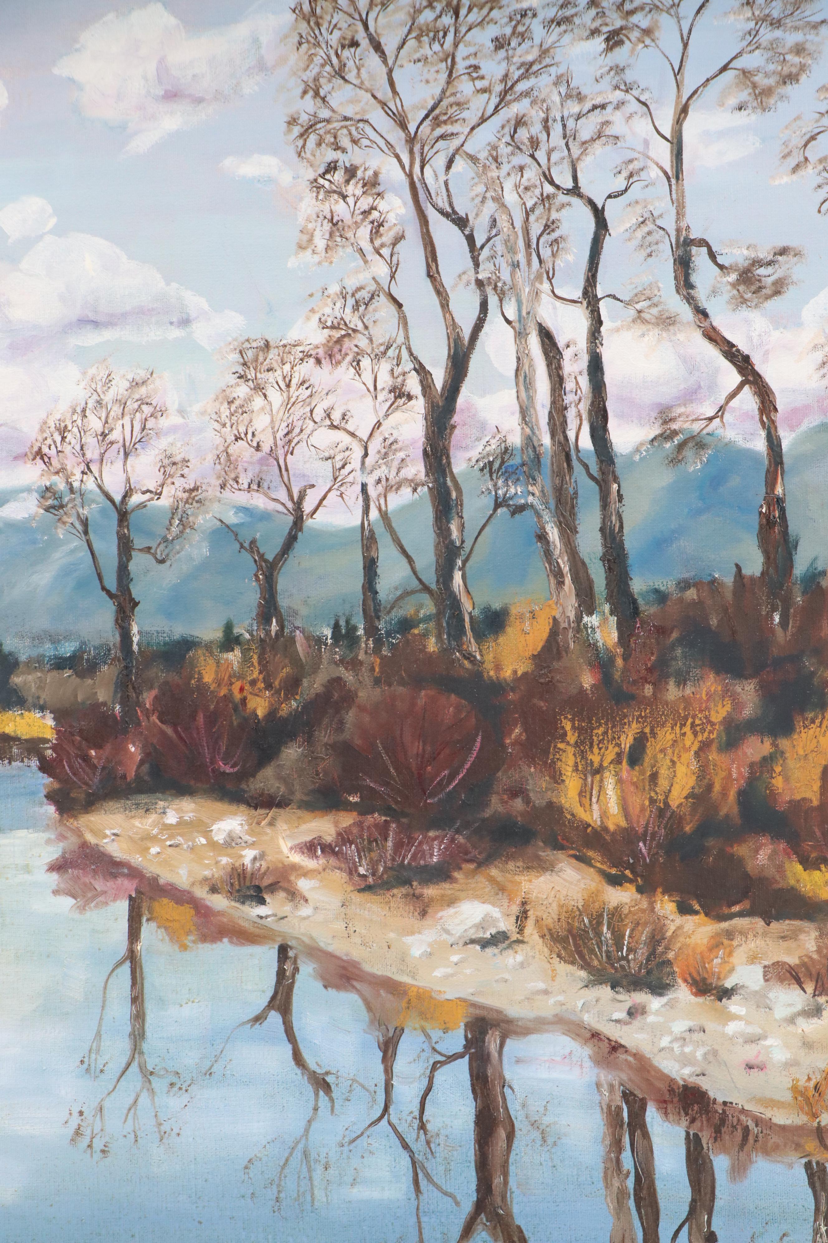 Jonas Landscape Oil Painting of River Reflecting Winter Trees