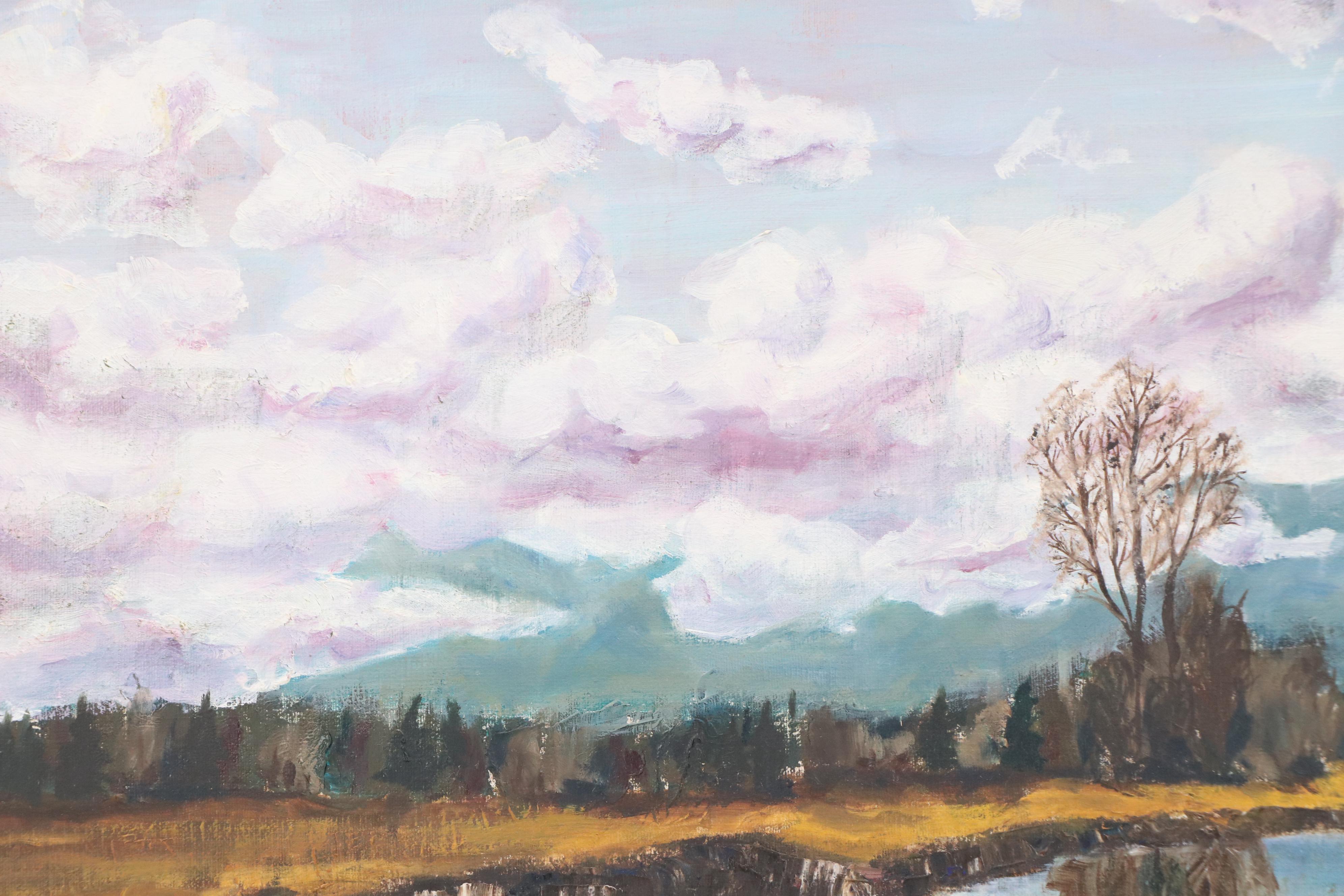 Jonas Landscape Oil Painting of River Reflecting Winter Trees