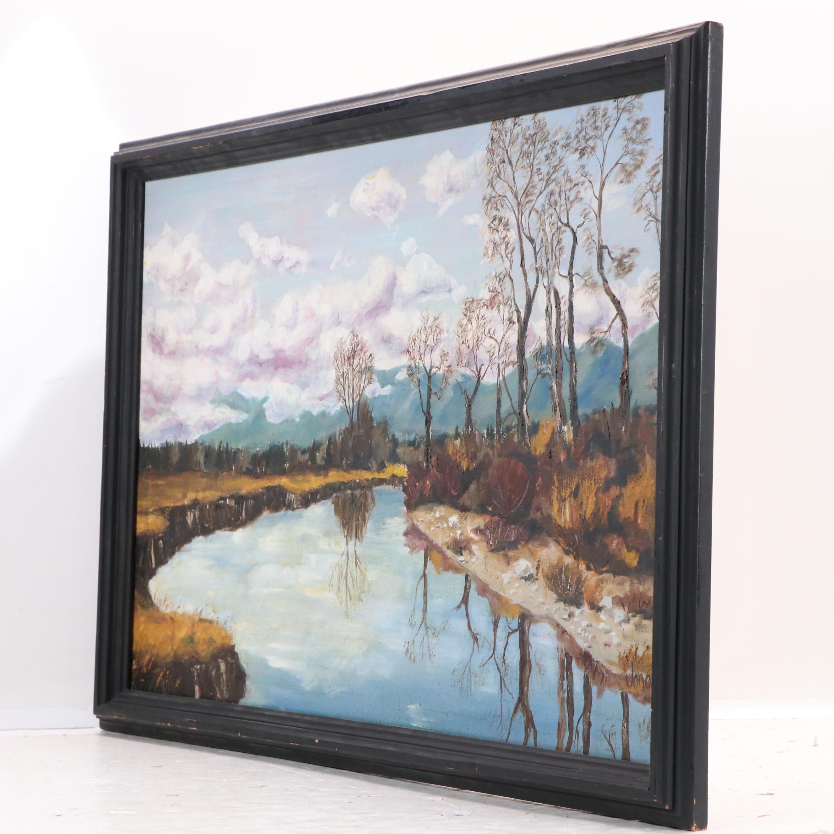 Jonas Landscape Oil Painting of River Reflecting Winter Trees