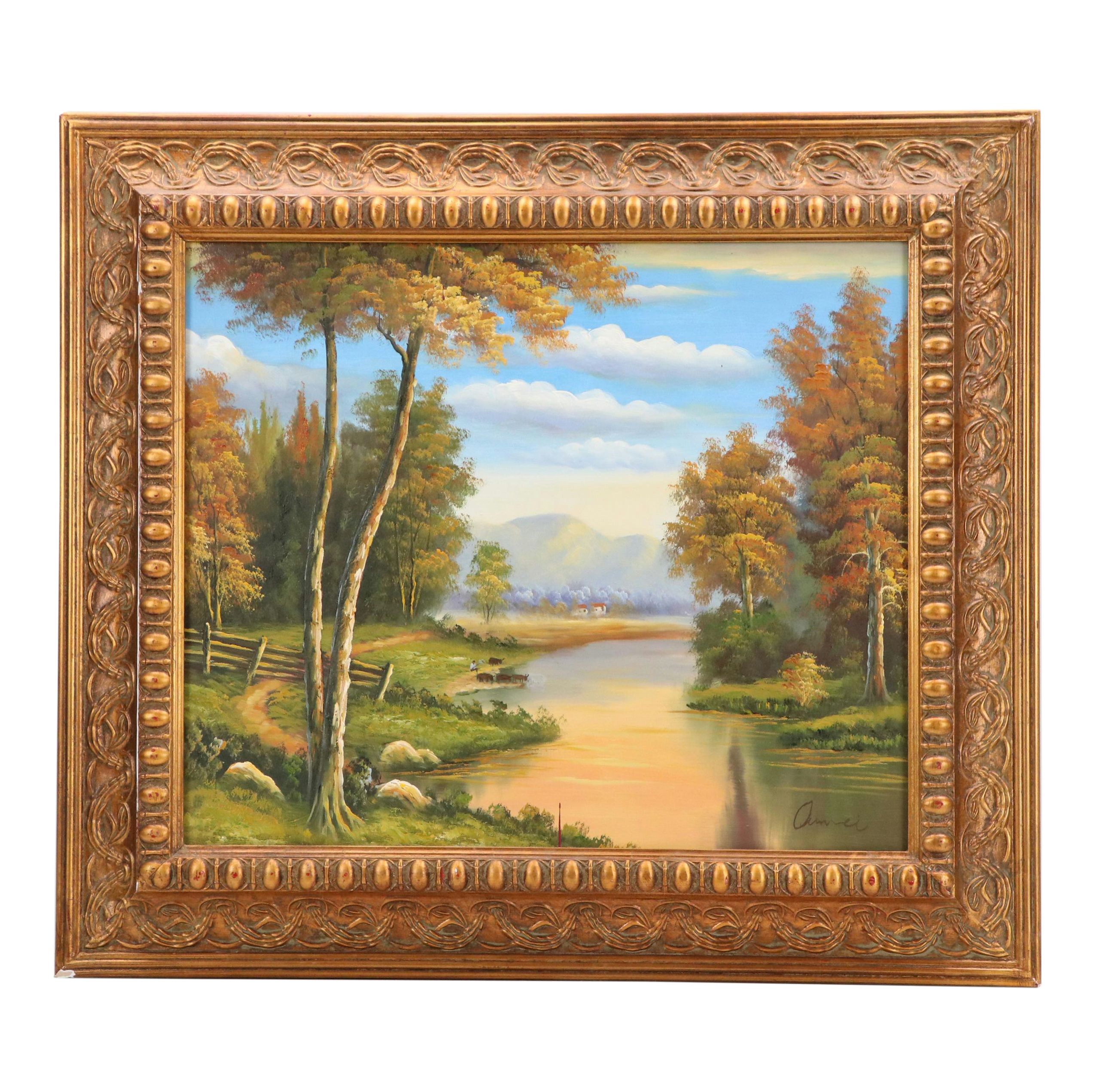 Landscape Oil Painting of Autumn River Scene