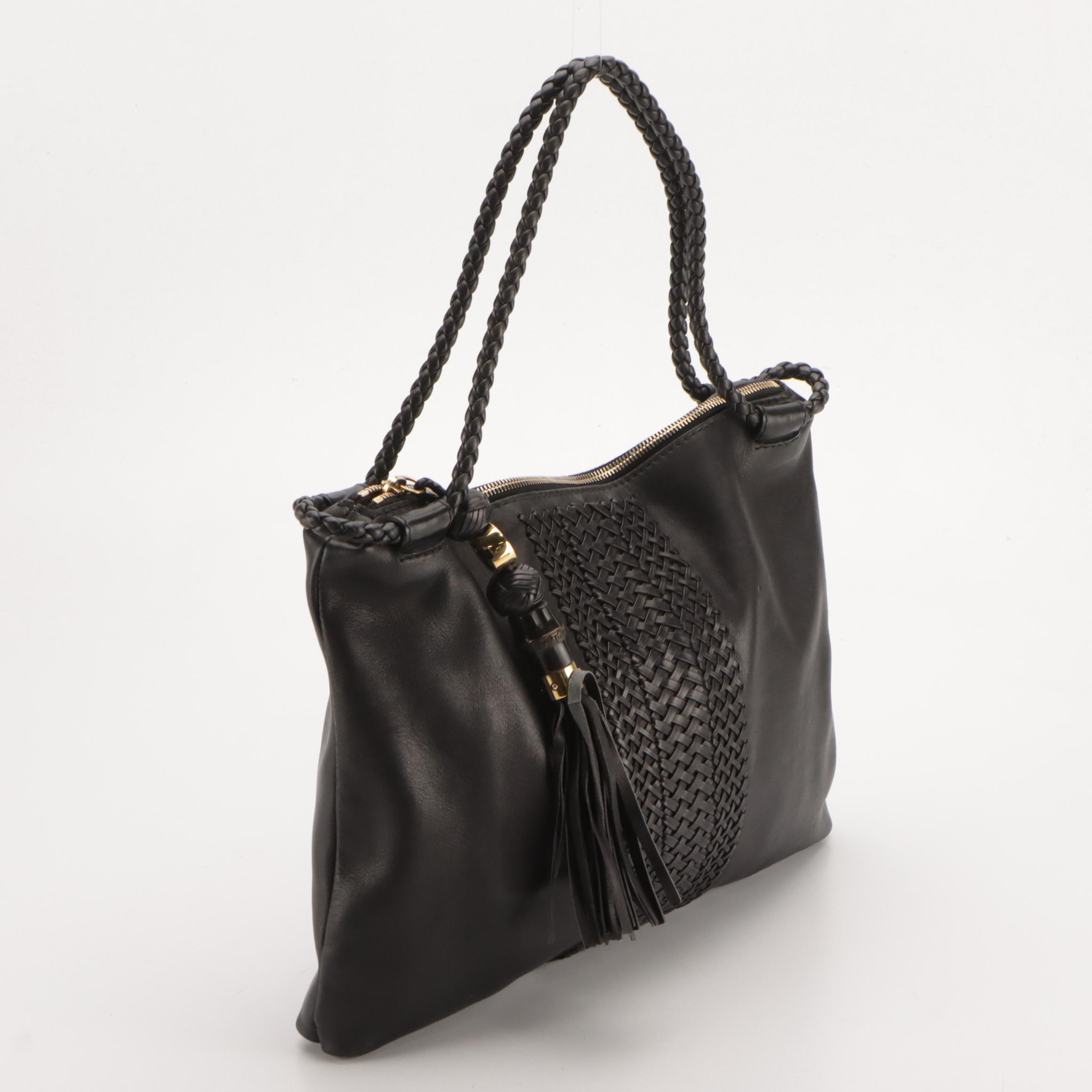 Gucci Black Leather Handmade Shoulder Bag with Braided Straps and Bamboo Tassel