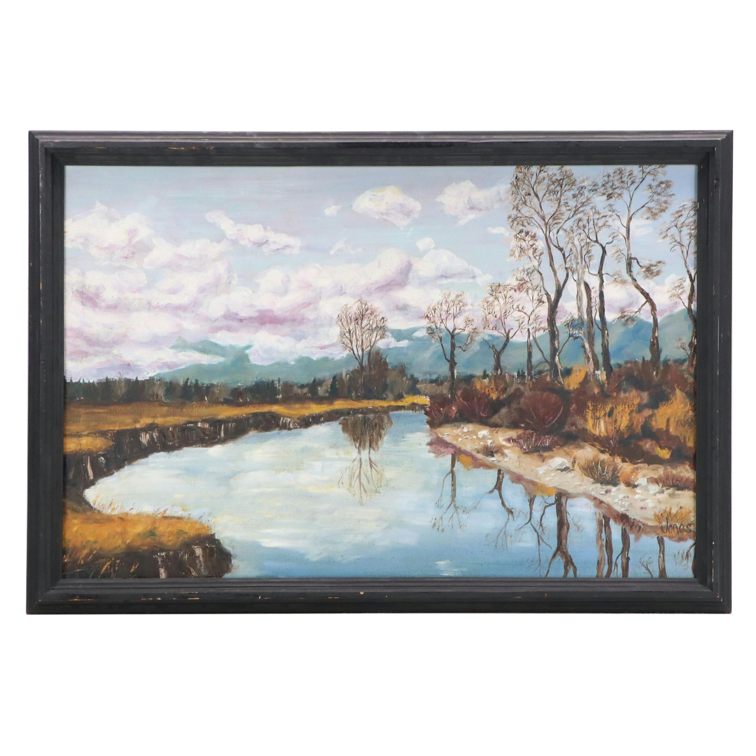 Jonas Landscape Oil Painting of River Reflecting Winter Trees