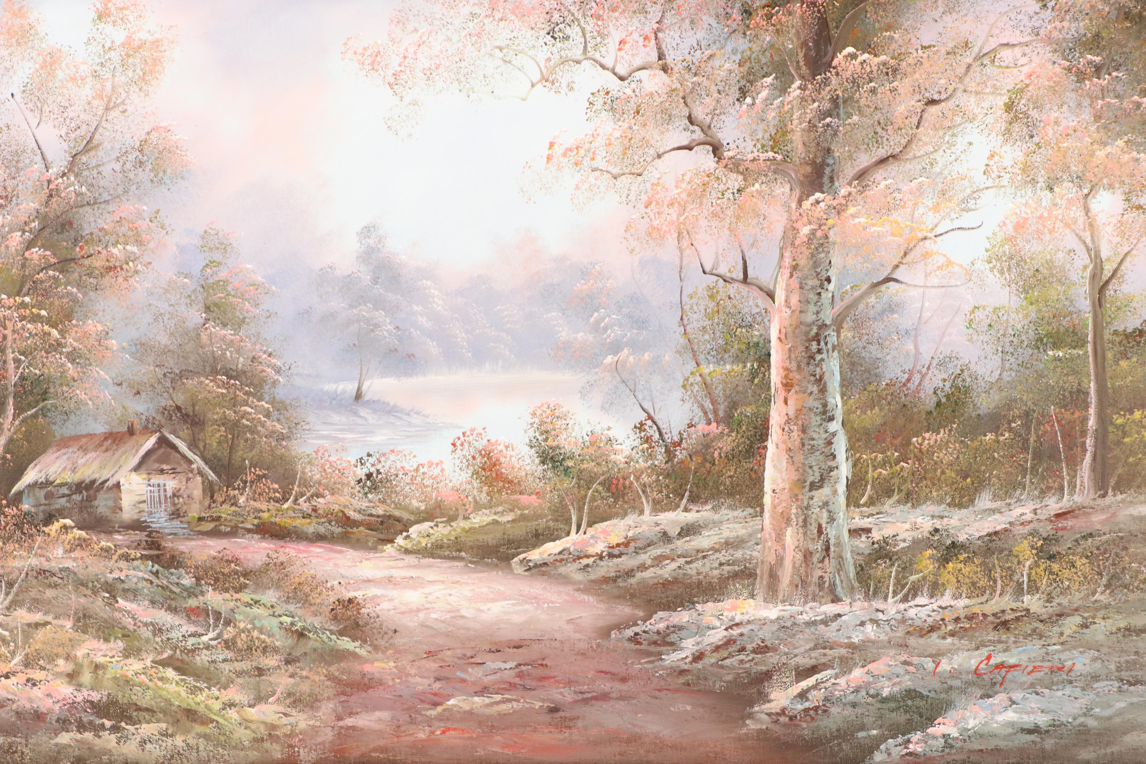 Irene Cafieri Landscape Oil Painting with Woodland Cottage