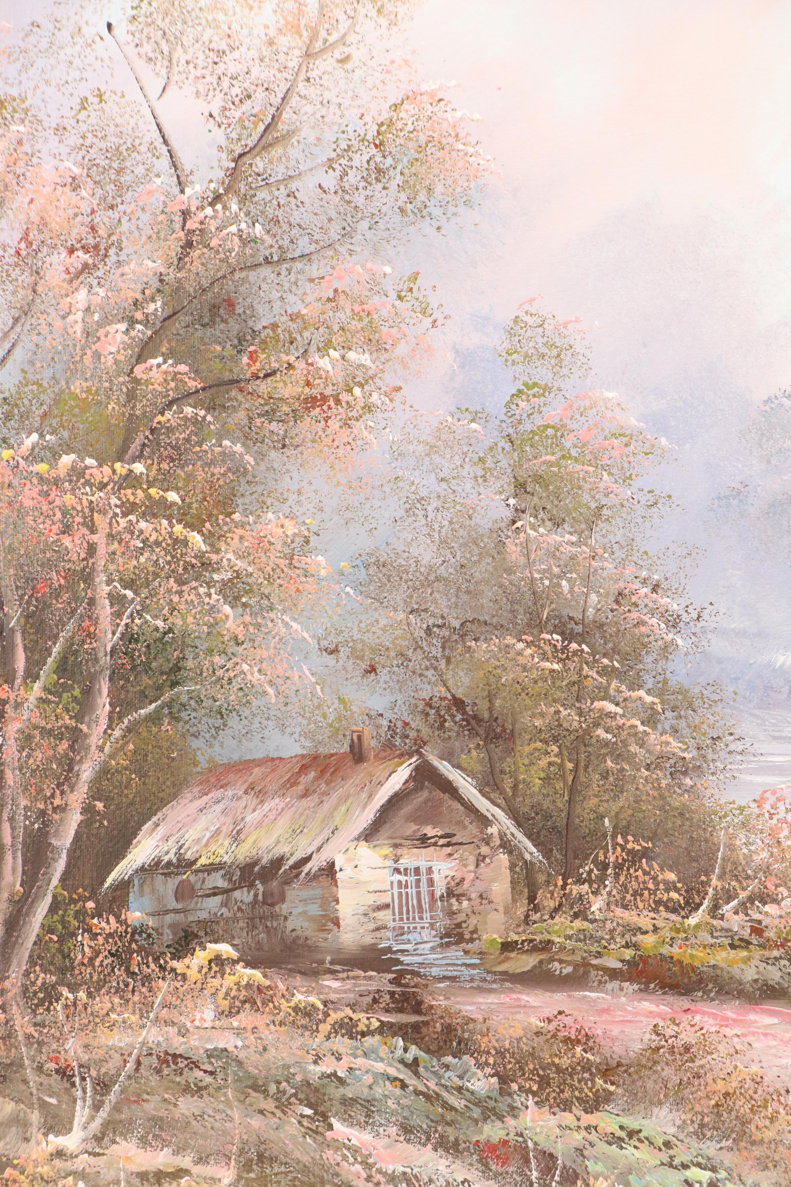 Irene Cafieri Landscape Oil Painting with Woodland Cottage