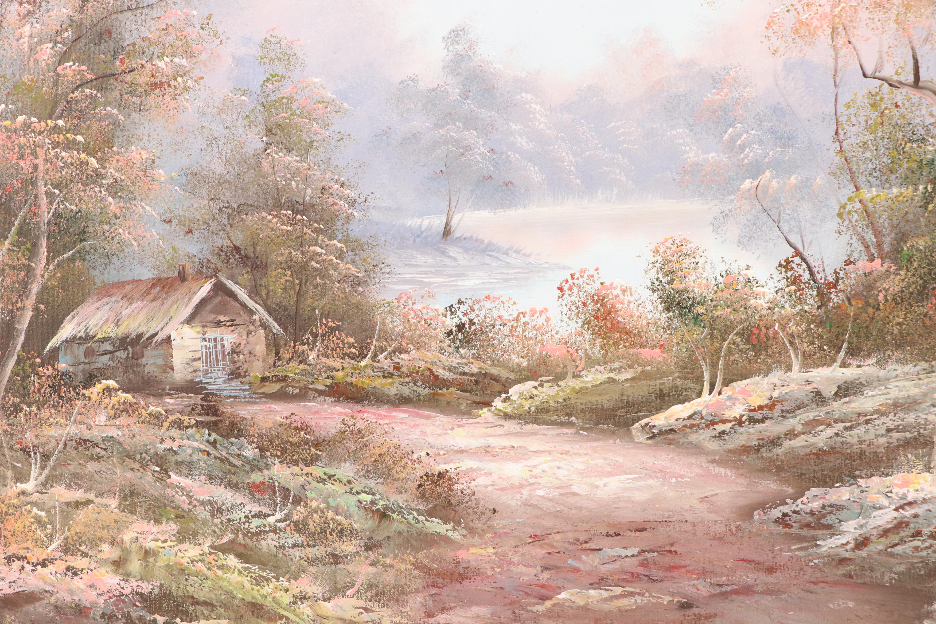 Irene Cafieri Landscape Oil Painting with Woodland Cottage