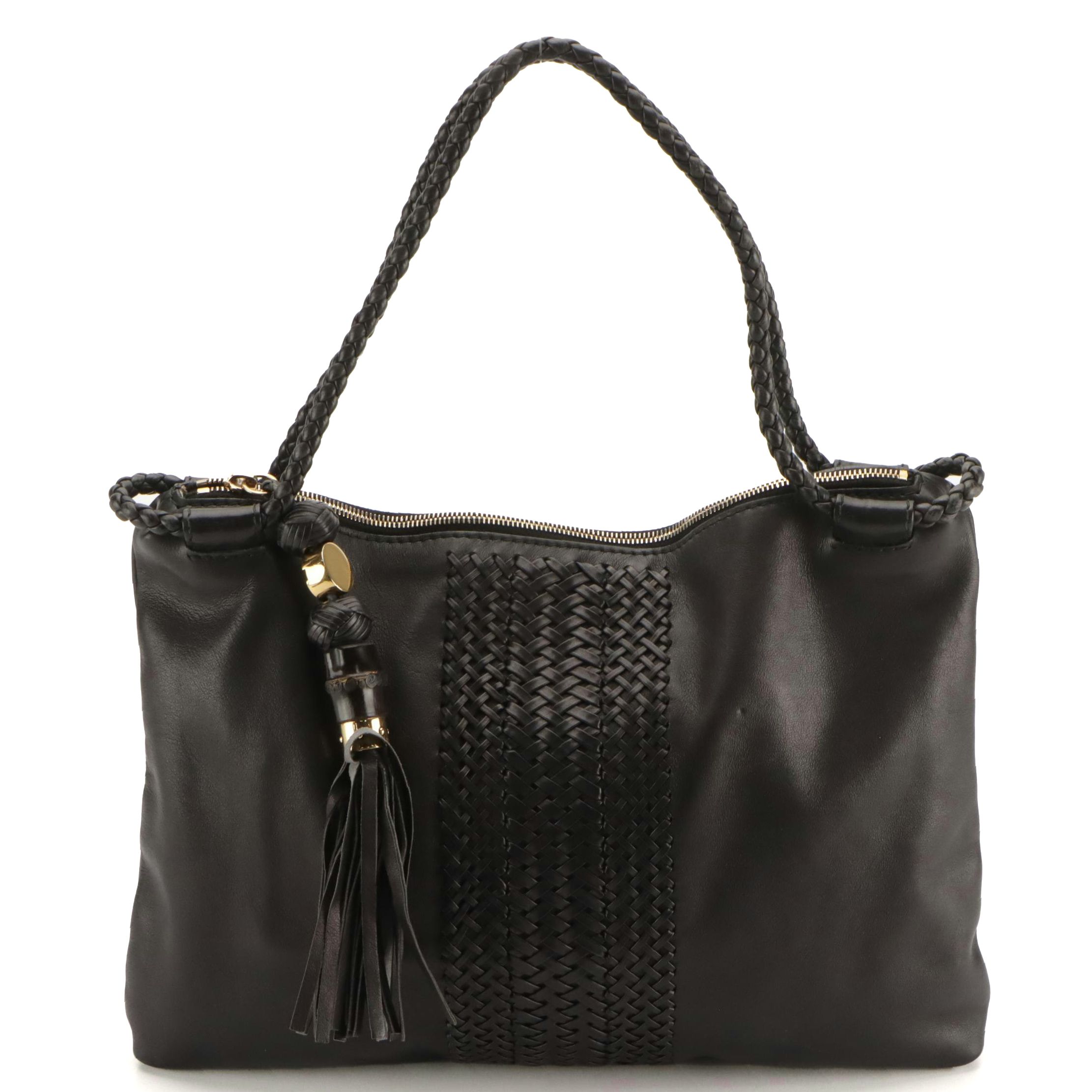 Gucci Black Leather Handmade Shoulder Bag with Braided Straps and Bamboo Tassel
