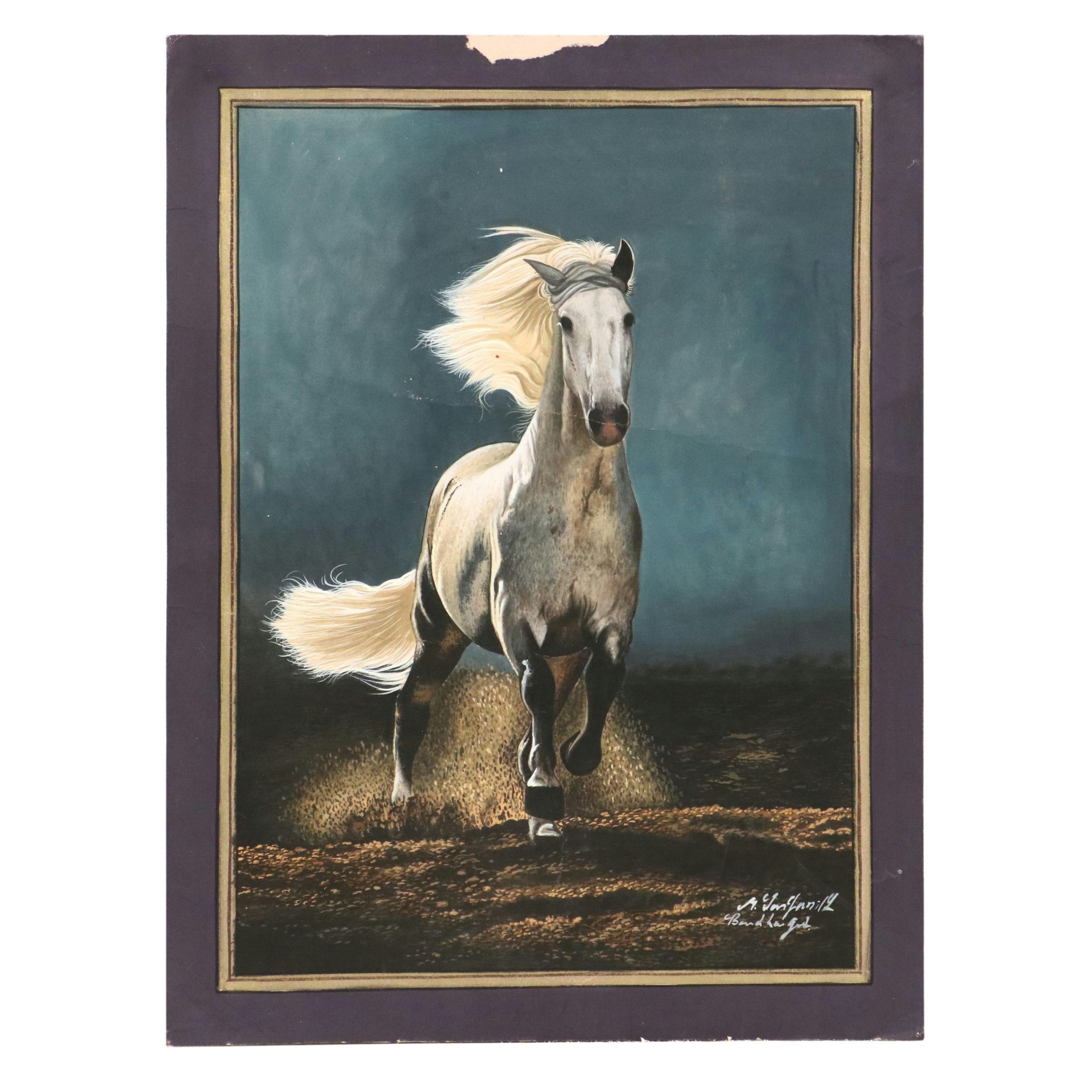 Gouache on Paperboard Illustration of Running Dapple Grey Horse, 21st C.
