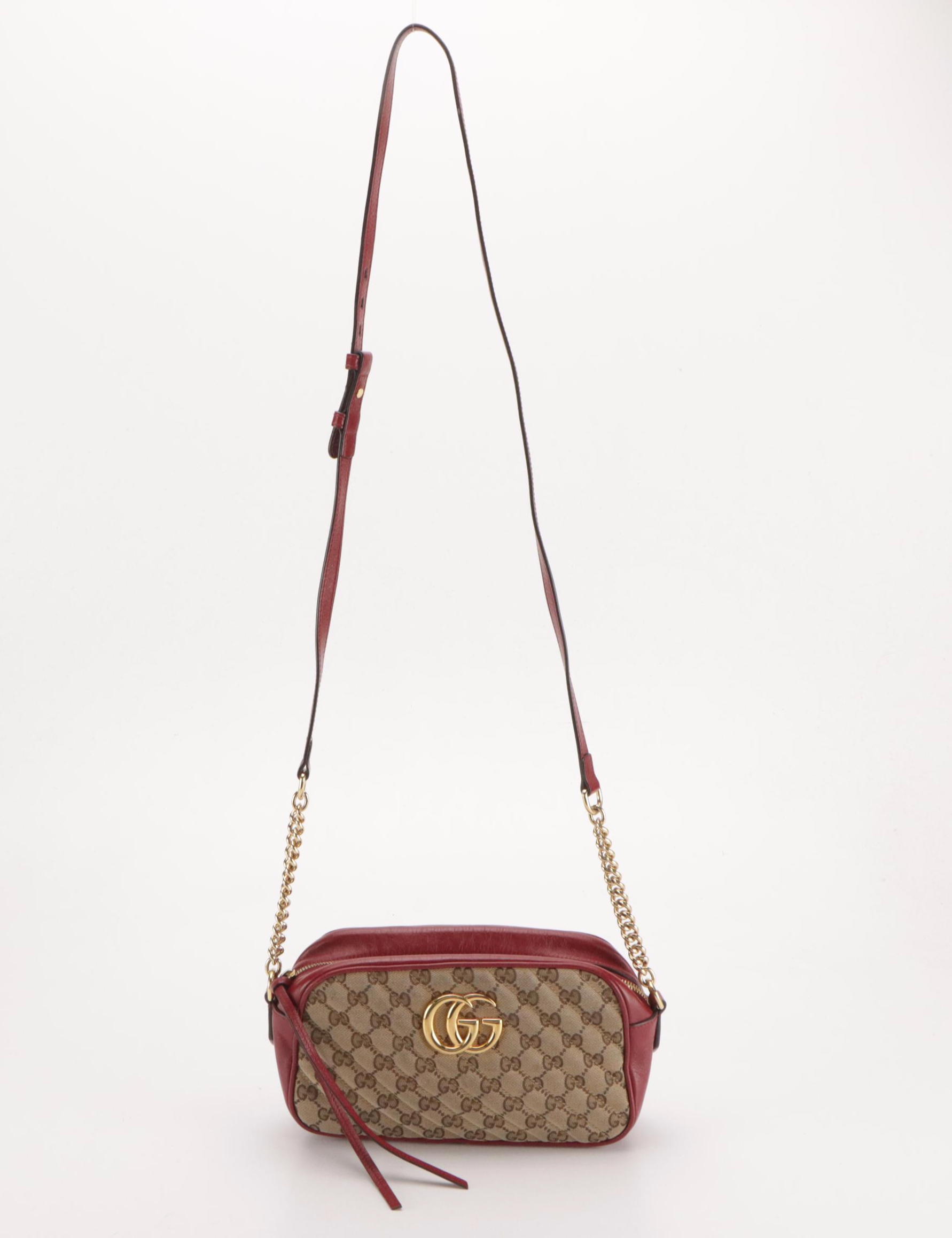 Gucci Marmont GG Canvas and Red Leather Crossbody Bag