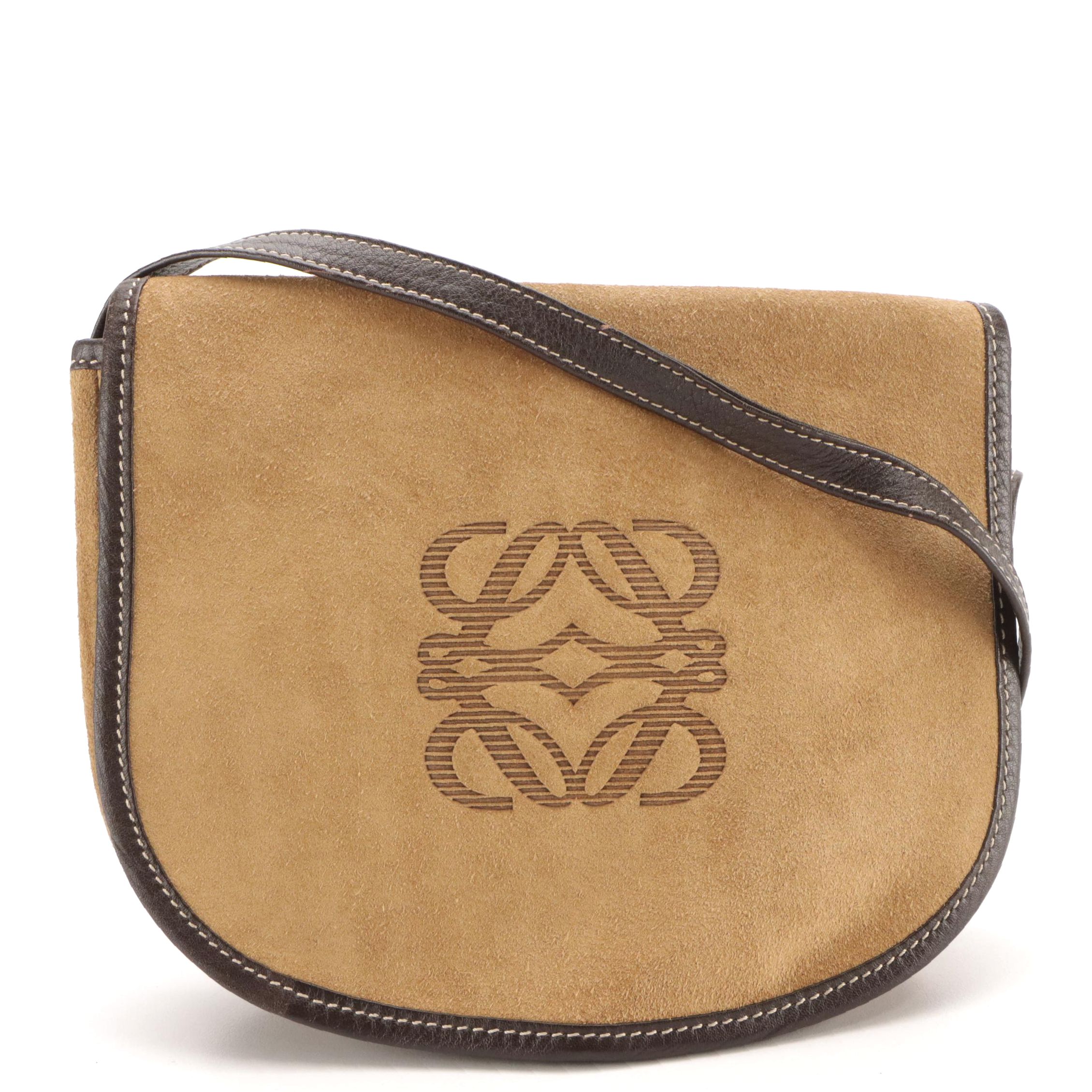 Loewe Suede and Leather Anagram Front-Flap Crossbody Bag