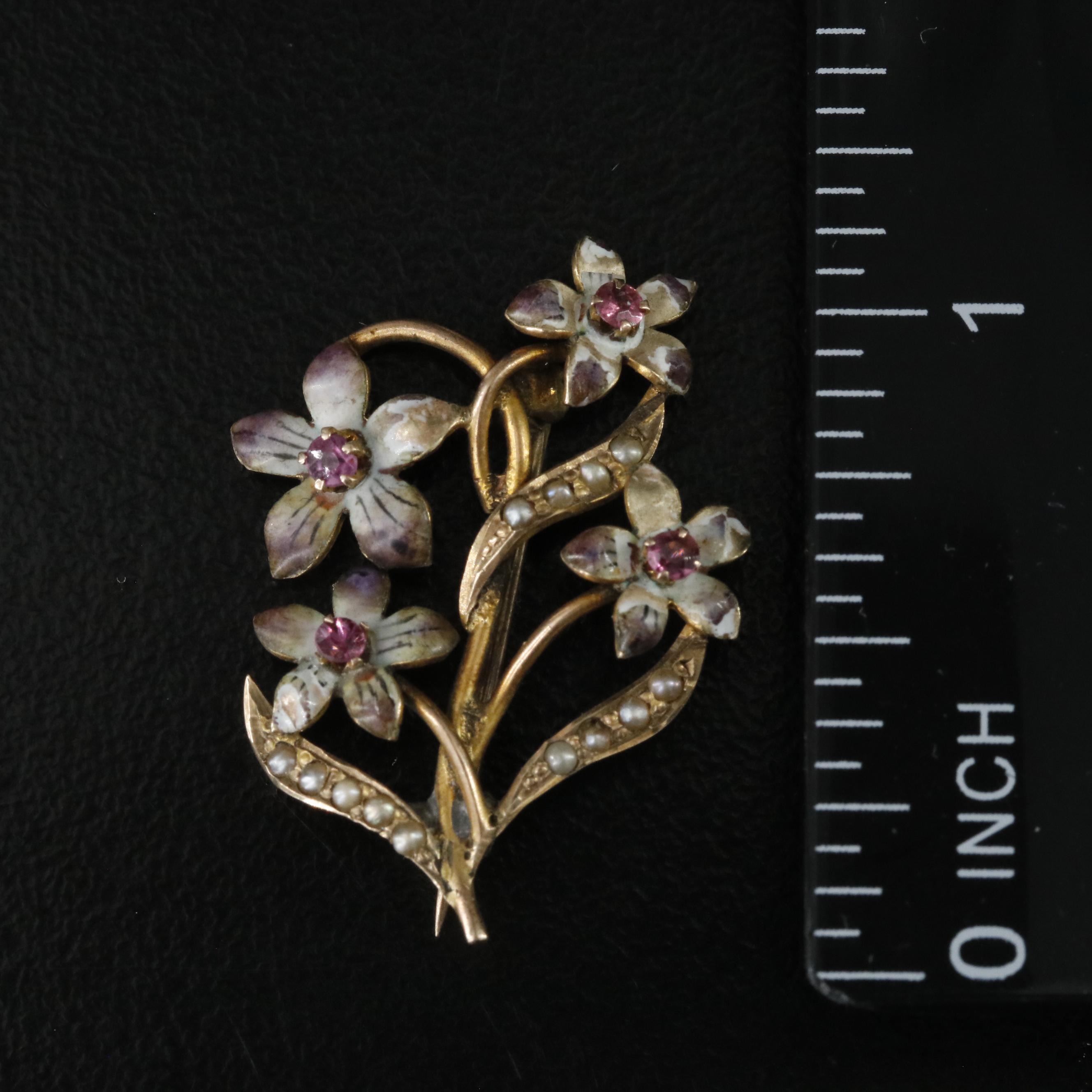 Art Nouveau 10K Tourmaline, Seed Pearl, and Enamel Flower Pin
