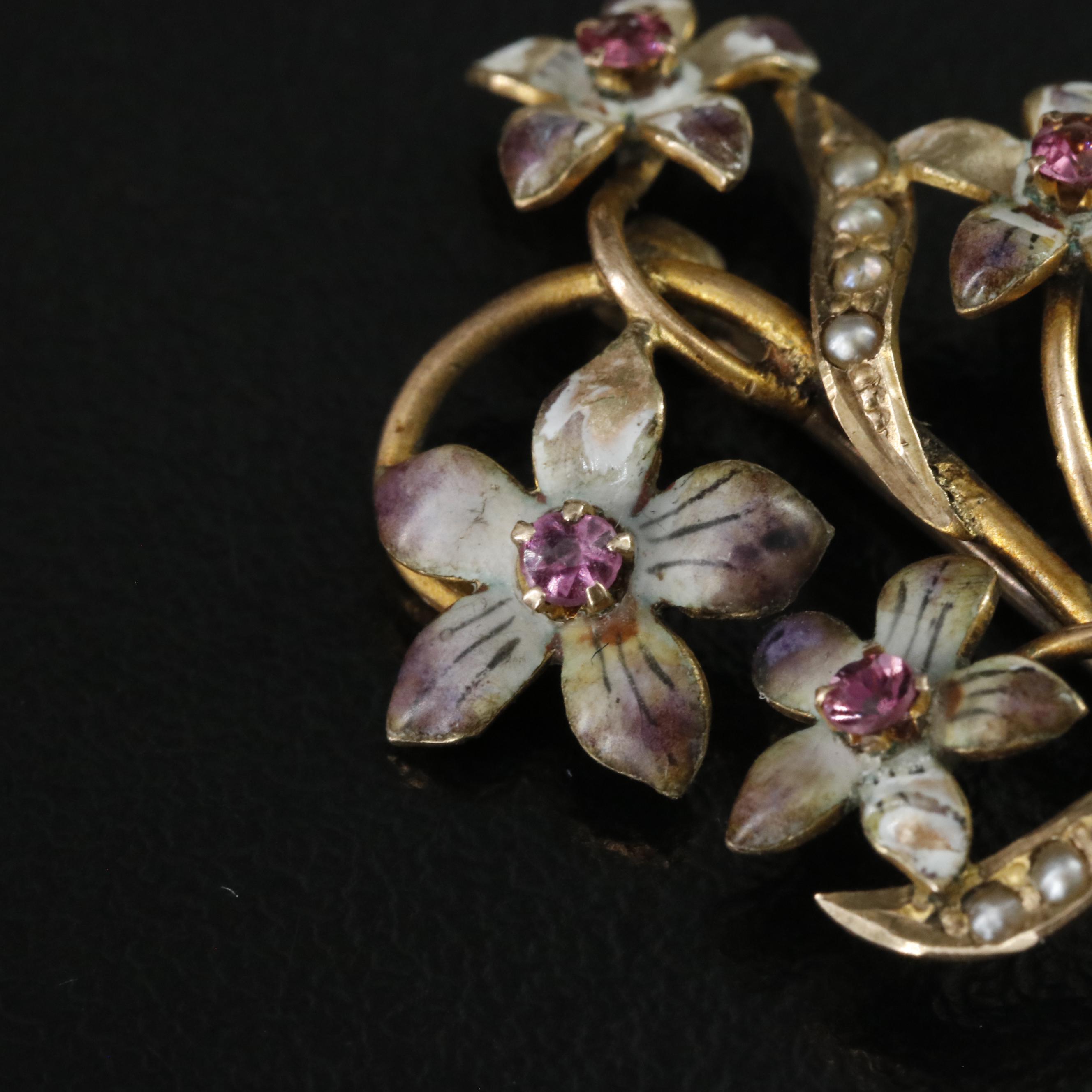 Art Nouveau 10K Tourmaline, Seed Pearl, and Enamel Flower Pin