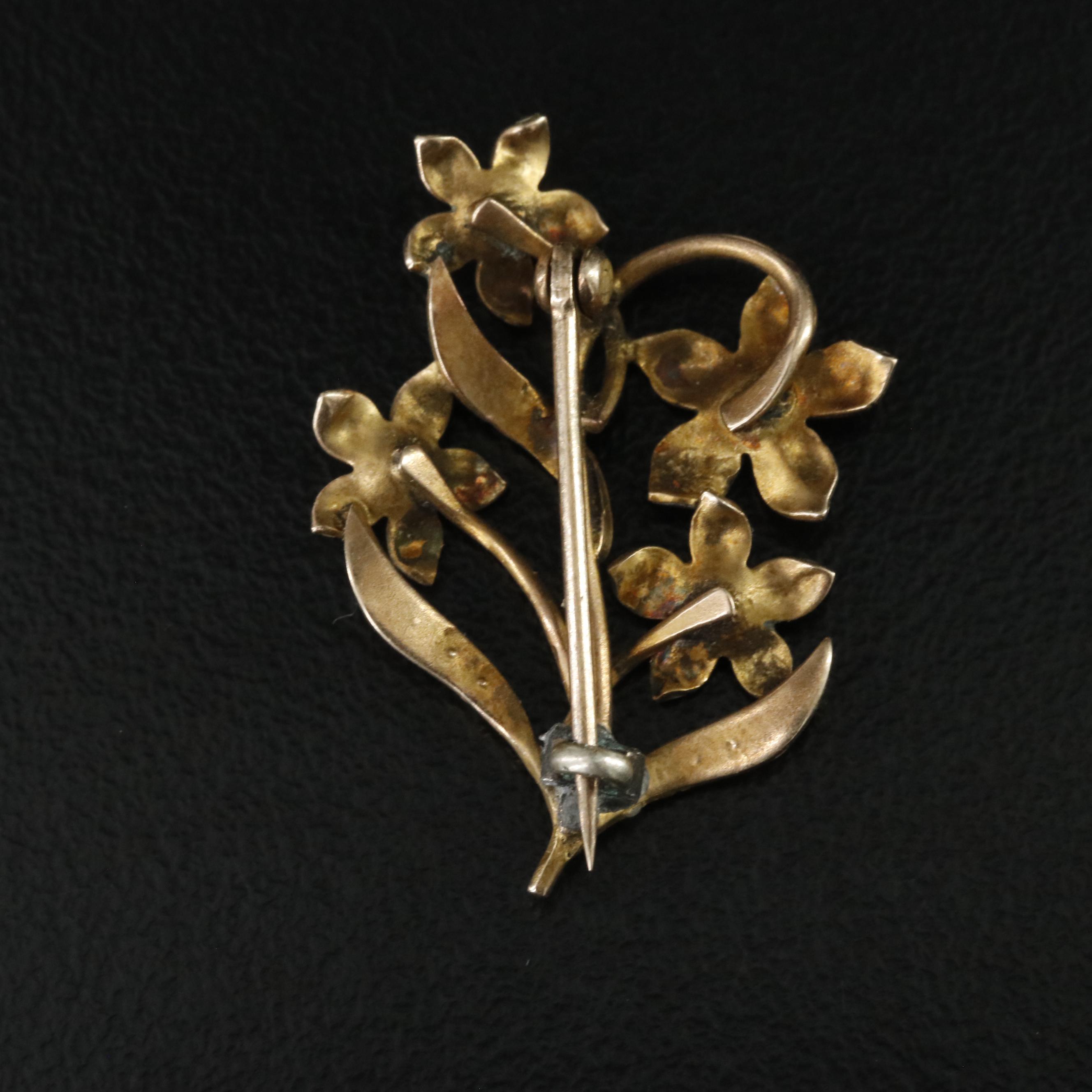 Art Nouveau 10K Tourmaline, Seed Pearl, and Enamel Flower Pin