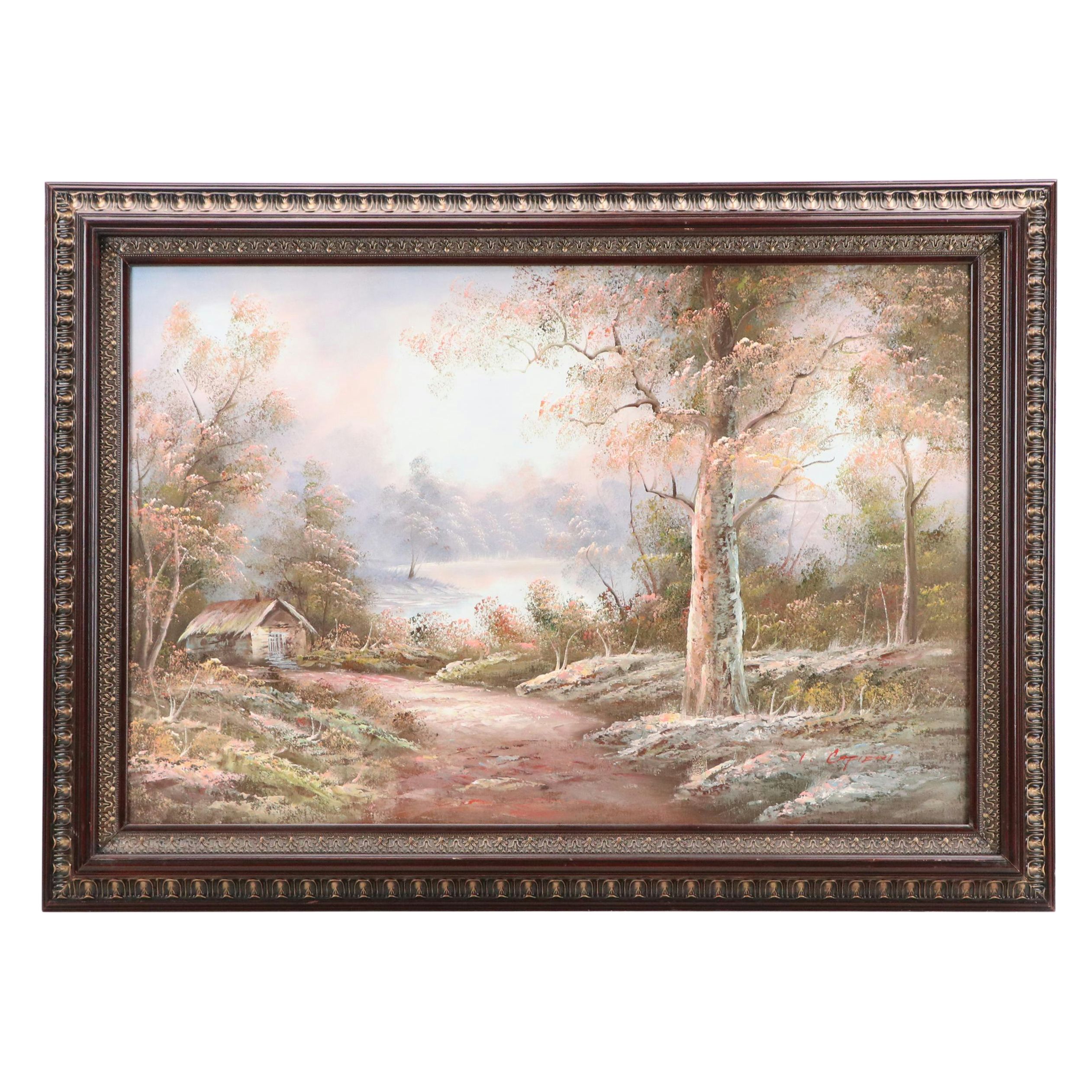 Irene Cafieri Landscape Oil Painting with Woodland Cottage