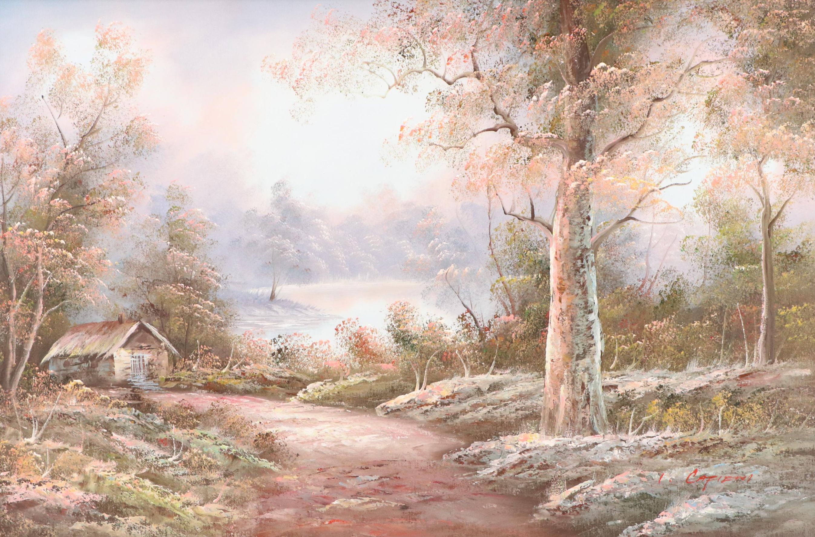 Irene Cafieri Landscape Oil Painting with Woodland Cottage