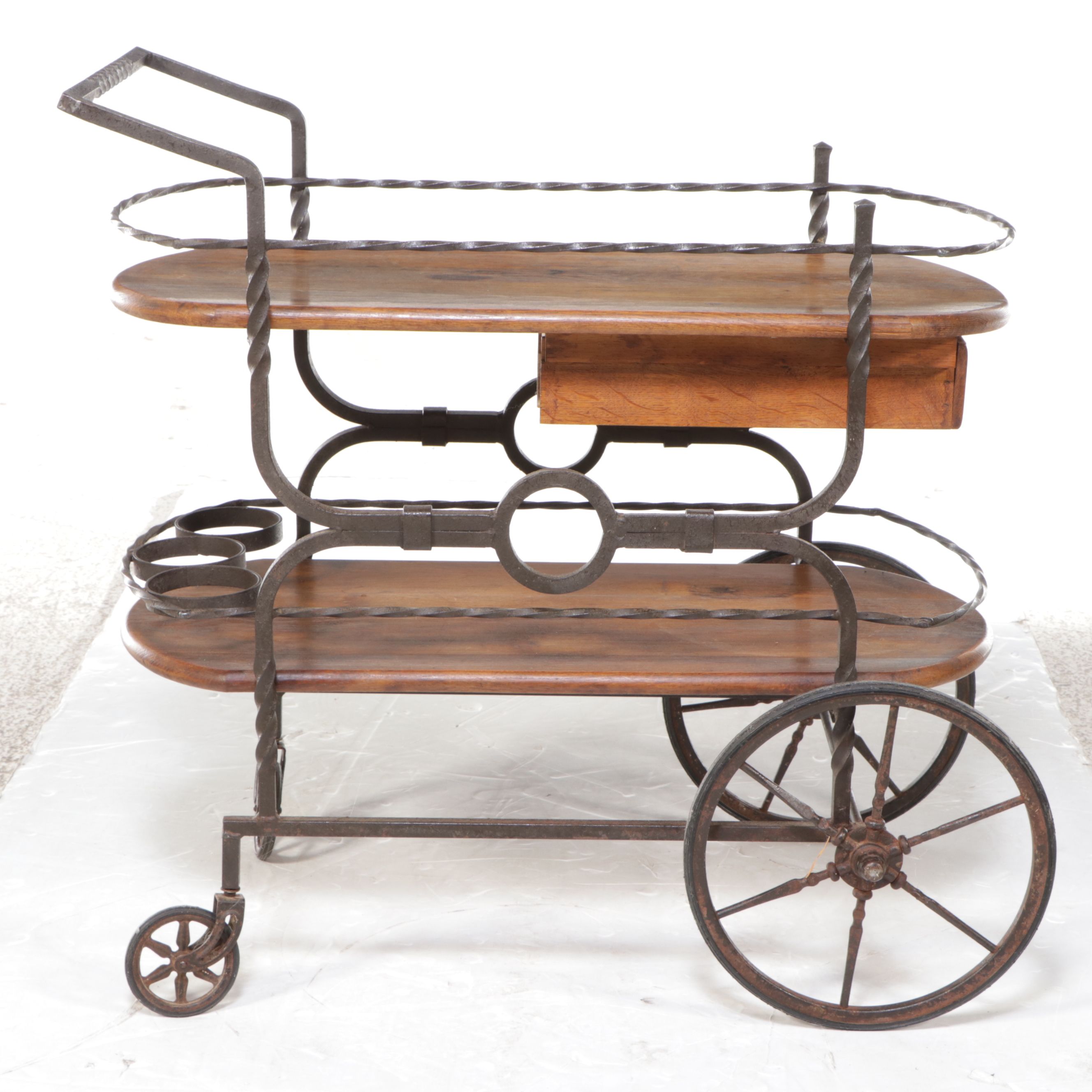 Italian Style Wood and Wrought Iron Bar Cart, Mid to Late 20th Century