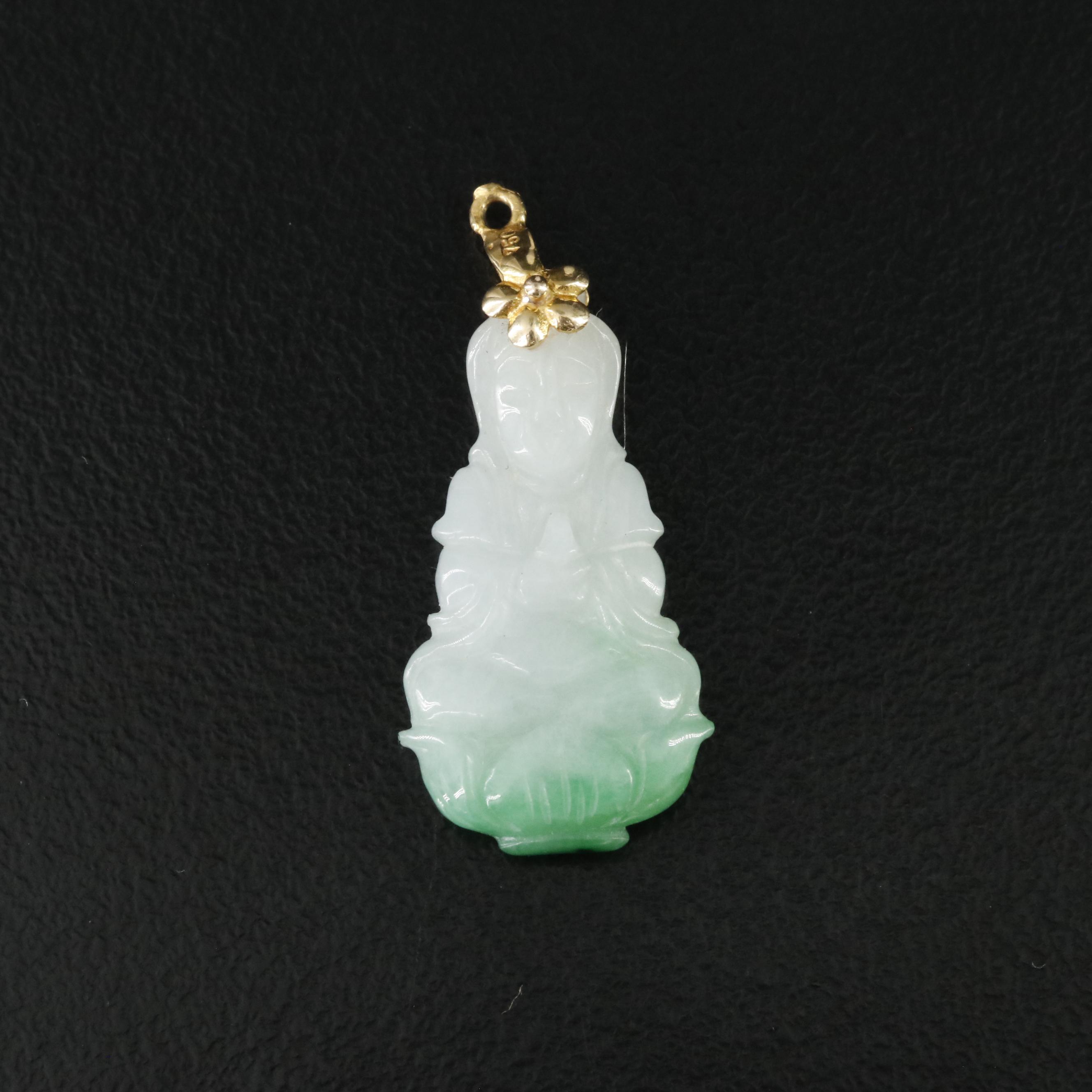 18K Jadeite Chinese Goddess Guanyin Pendant