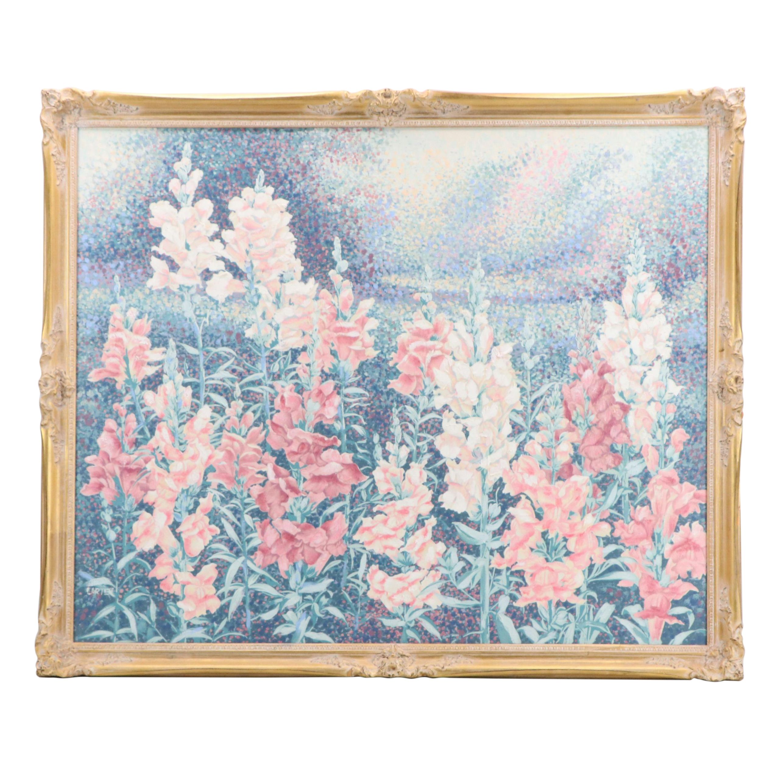Carter Acrylic Floral Painting of Snapdragons, Late 20th Century